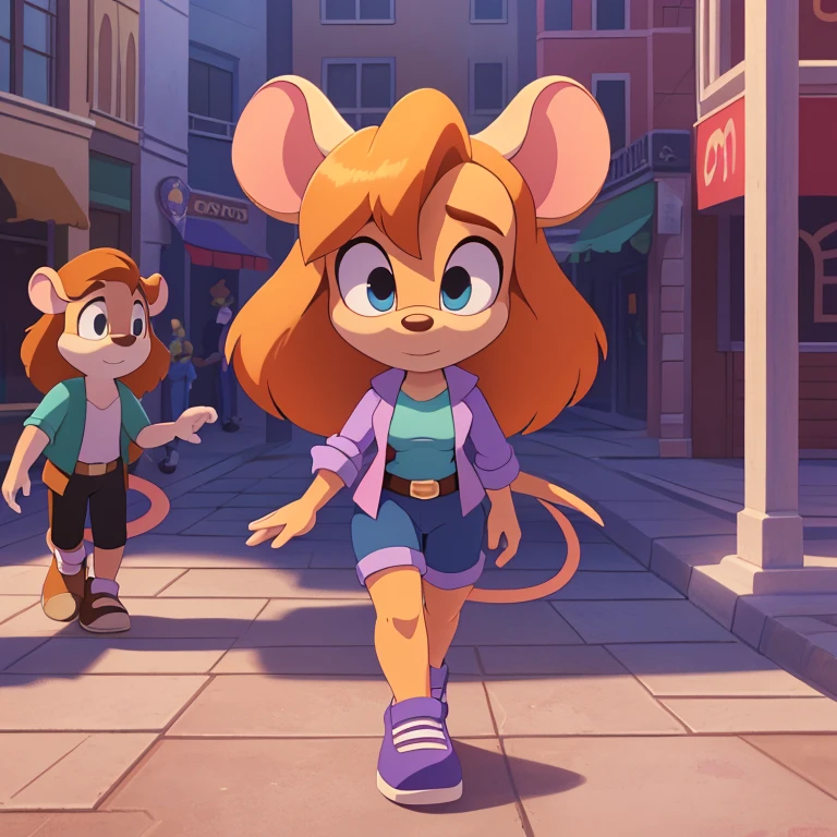 ((Masterpiece)), HD, Best Quality, vibrant lighting, shading, intricate details, extremely detailed, very detailed, high resolution, 8k, high quality, studio quality, detailed, insanely detailed, extreme detail, refined detail, perfect detail, max detail, solo, solo focus, high quality, cartoon style, 2d, Mobian, solo, 1girl, (gadget hackwrench, chip_'n_dale_rescue_rangers:1.2), (pale pink body fur), mouse girl, light blue eyes, medium breasts, fit, (long straight blonde hair, kinda frizzy, with fluffy bangs:1.2), mouse ears, cute bright pink mouse nose, open jacket, t-shirt, shorts, shoes, neutral expression, walking, city, crowd, daytime