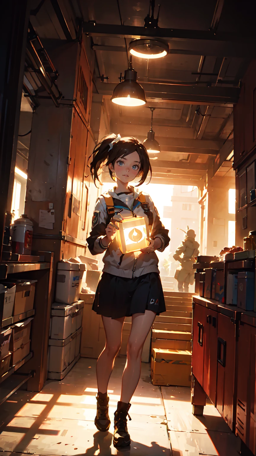 Chell from the game Portal 2, standing in the uniform of the company Aperture Science. She holds a portal pushcube in her hands, with Atlas and P-body next to her