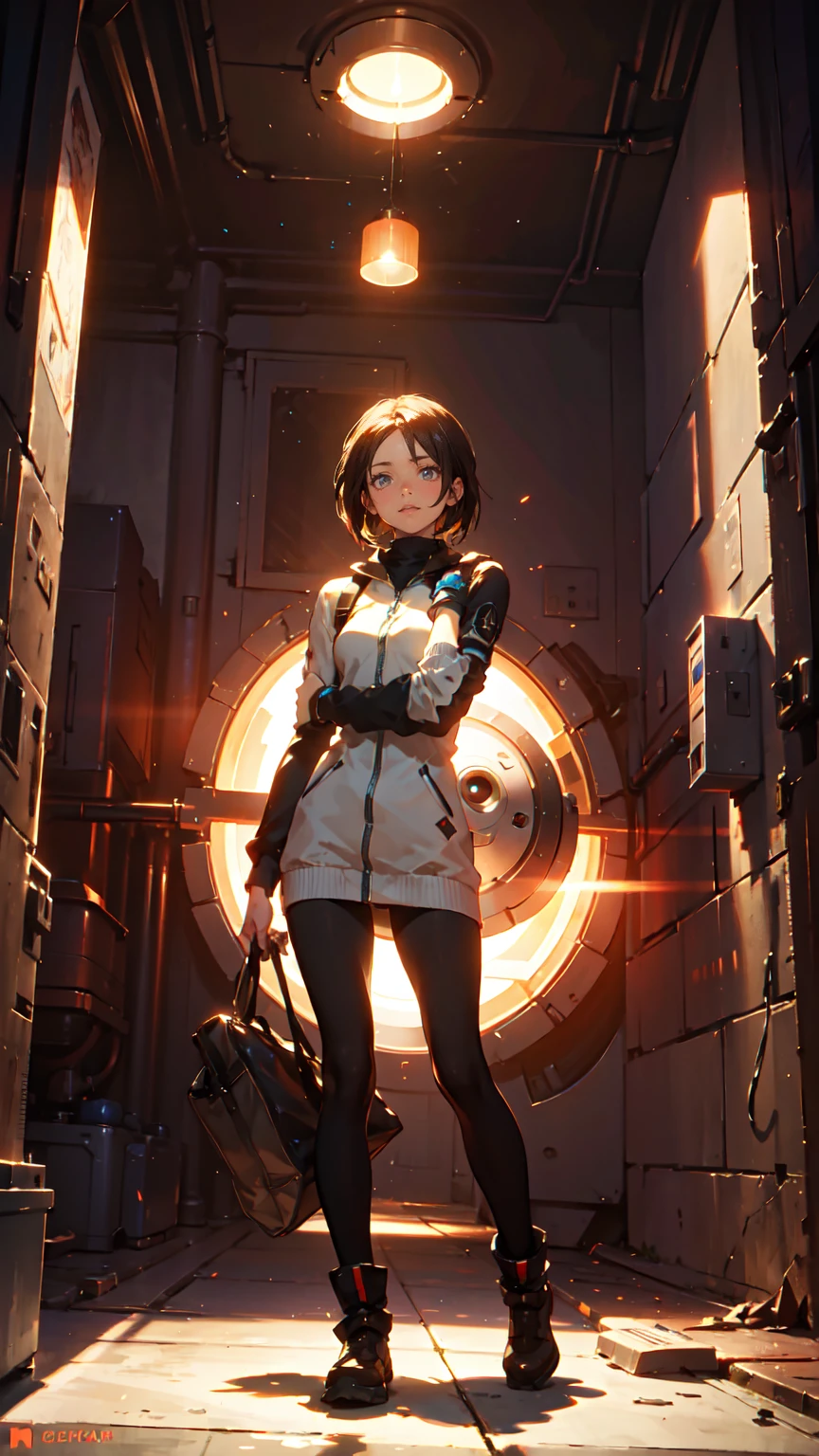 Chell from the game Portal 2, standing in the uniform of the company Aperture Science. She holds a portal pushcube in her hands, with Atlas and P-body next to her