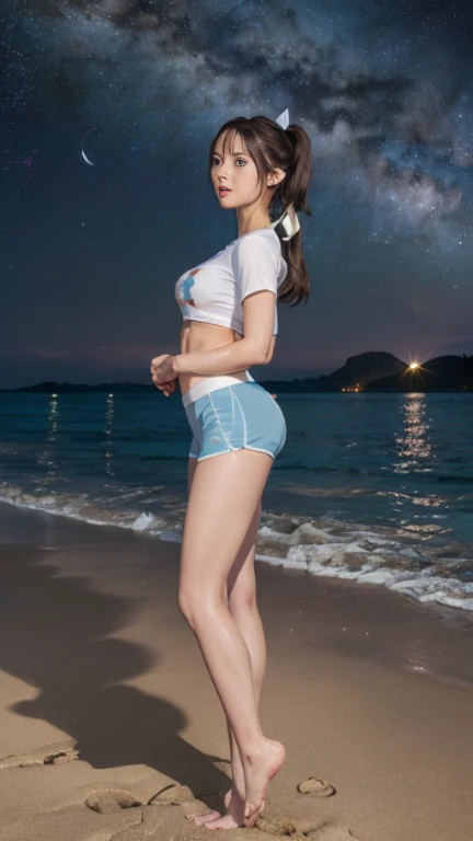 ((masterpiece)), (highest quality), 23 years old,Very detailed, finely, (High resolution), (8k), ((Perfect front viewcomposition)), (Natural color lip),(Side Ponytail:1.3),(((Standing facing forward on the beach at night, look at me))),((Printed T-shirt)),((Light blue fitness shorts)),((From the whole body to the toes:1.3)),((Perfect front view)),((The magnificent Milky Way floating in the night sky)),((Natural pose)),,((Big ribbon on thigh)),((Normal size buttocks)),((Ample breasts)),((Full and firm breasts)),(look at me微笑む),
