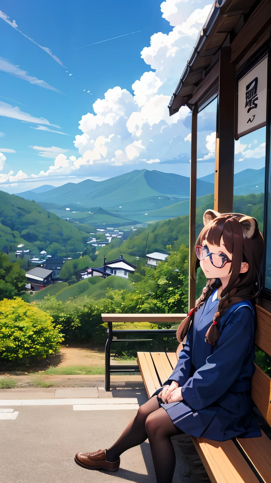 One Girl。A raccoon disguised as a Japanese high school girl。Dark brown hair。Raccoon Ears。Raccoon Tail。Braid。Bulky glasses with thick frames。 uniform。sitting on a bench in the bus stop waiting room。Looking up at the sky blankly。The background is a rural town in the mountains of Japan with blue sky and white clouds.。