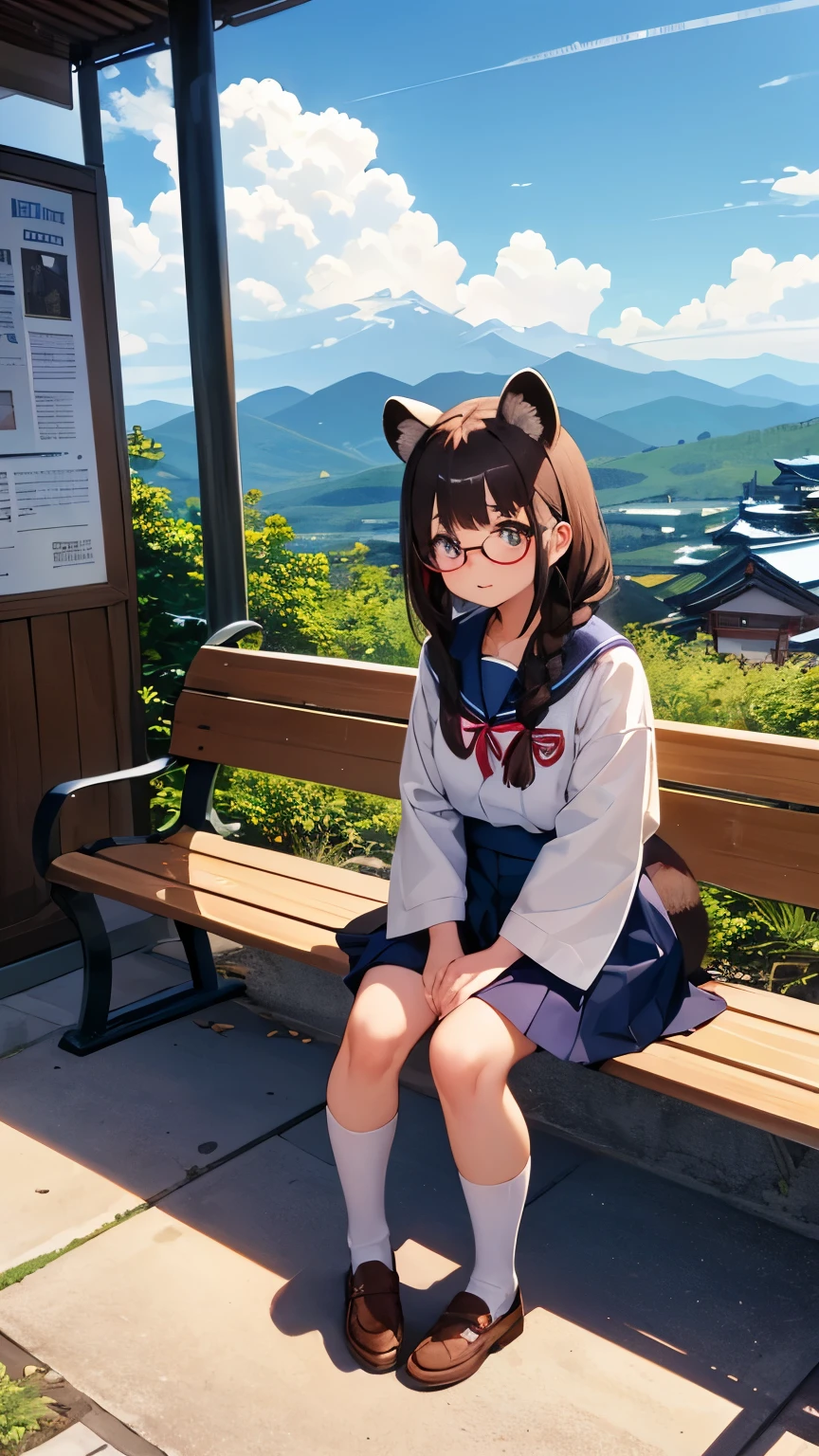 One Girl。A raccoon disguised as a Japanese high school girl。Dark brown hair。Raccoon Ears。Raccoon Tail。Braid。Bulky glasses with thick frames。 uniform。sitting on a bench in the bus stop waiting room。Looking up at the sky blankly。The background is a rural town in the mountains of Japan with blue sky and white clouds.。