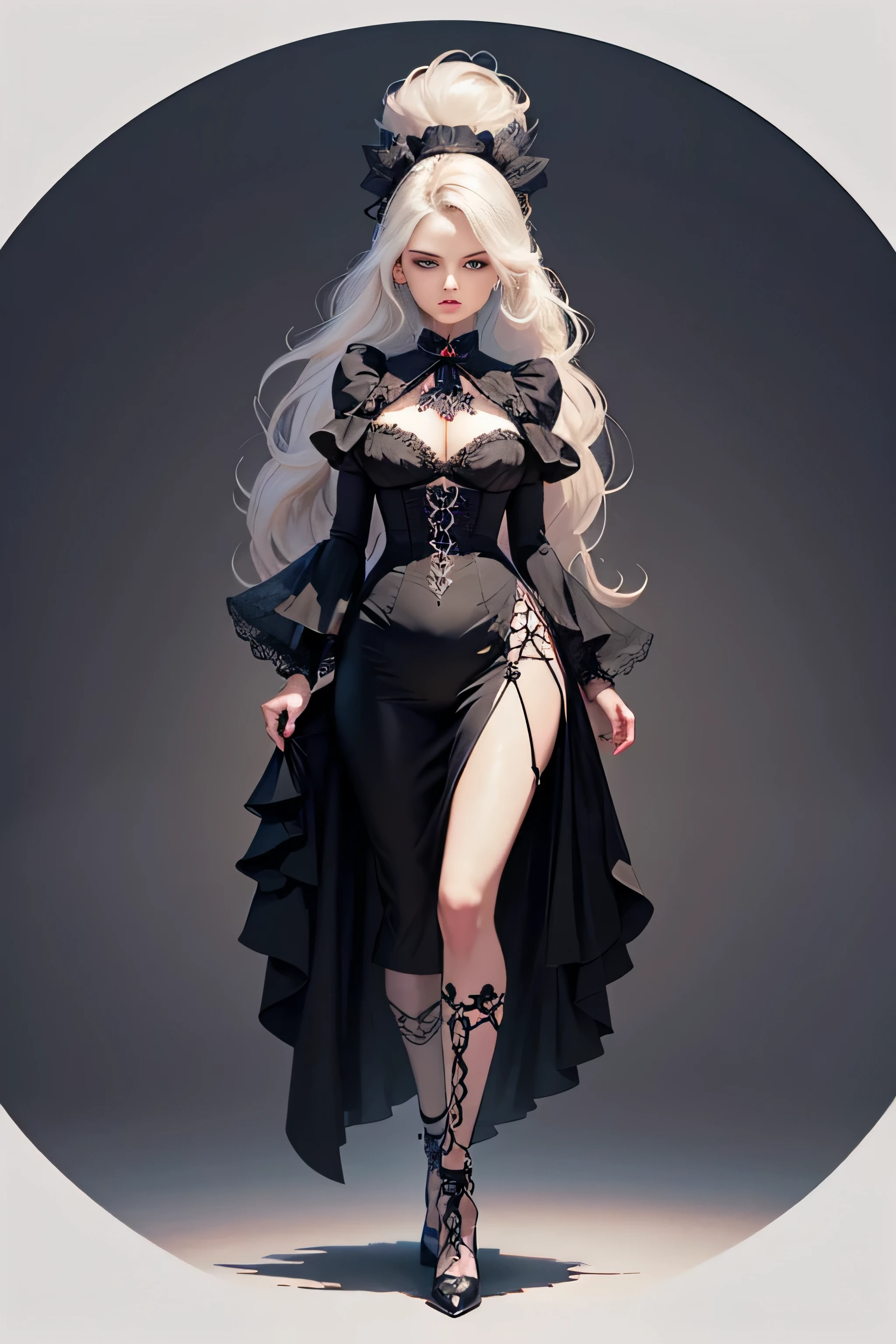 Create an extravagant full-body portrayal of a woman in Gothic style, emphasizing the "woman" theme. The design should feature Gothic elements such as lace, ribbons, and Victorian details, showcasing an elegant and intricate style. Utilize a color palette of black, white, and pastel tones to capture the unique Gothic aesthetic. The design must be eye-catching, with the woman centered in the image against a white background. She should fit well within the space, ensuring she does not touch the edges of the canvas. No text should be included in the image.