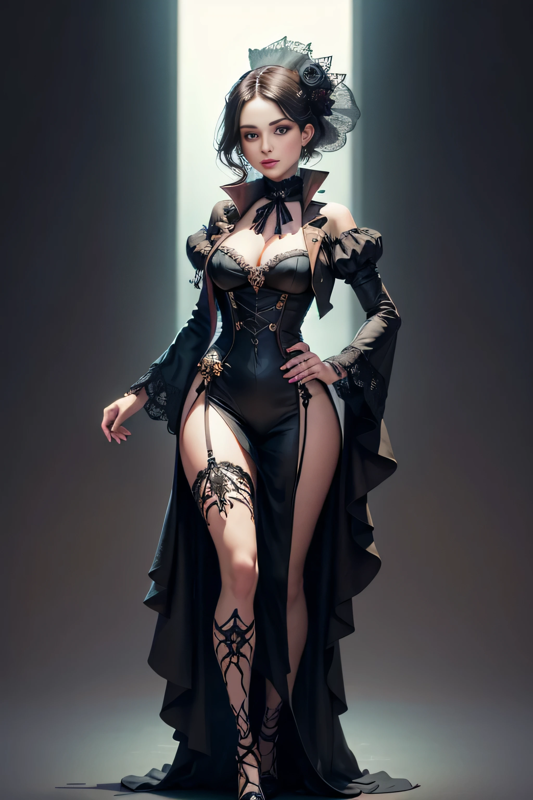 Create an extravagant full-body portrayal of a woman in Gothic style, emphasizing the "woman" theme. The design should feature Gothic elements such as lace, ribbons, and Victorian details, showcasing an elegant and intricate style. Utilize a color palette of black, white, and pastel tones to capture the unique Gothic aesthetic. The design must be eye-catching, with the woman centered in the image against a white background. She should fit well within the space, ensuring she does not touch the edges of the canvas. No text should be included in the image.