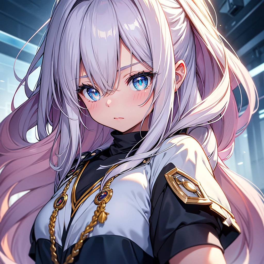 vtuber-halfbody、Bangs shorter than eyebrowasterpiece、Best Quality、Best illustrations、Super detailed、Upper Body、solo、1 girl、looking at the camera、upright、Arms at your sides、Beautiful detailed eyes、Concept Art、from the front、White background、Simple Background、Droopy eyes and big eyes、Super detailedな眼、Sparkling eyeilky white and blue gradient long hair、Short sleeve、water colored pencils、kind face、blush、Virtual YouTuber、