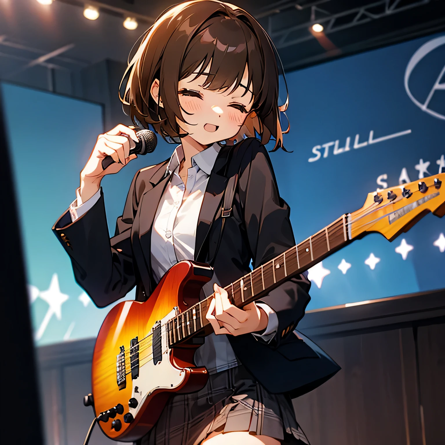 girl、Brown Hair、short hair、Black blazer、Checked Skirt、Sing a song、Live Music