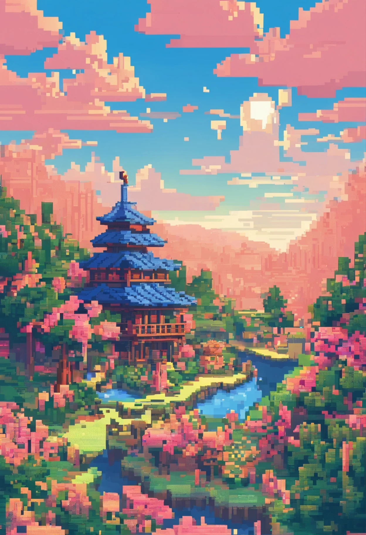Pixel Art tourism landscape. night. 3D Pixel Art 4K 壁纸. 令人难以置信的Pixel Art细节. Pixel Art. The snow melted.It's spring.Full of life. 详细的虚幻引擎Pixel Art