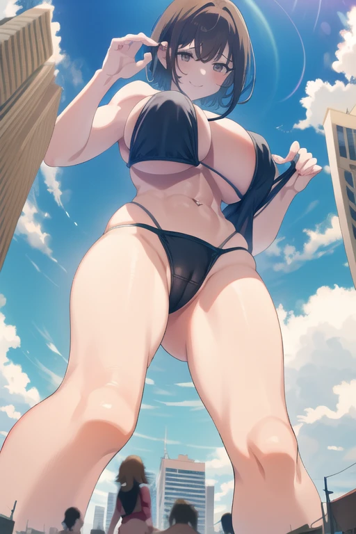 girl,Giant,Giant娘,Huge pussy,Looking down at the viewer,On all fours,Being outdoors,A huge city at your feet,周りで一番大きいのはgirl,どの建物よりもgirlが大きい,City Centre,Bigger than Bill,ビルがgirlのひざあたりまで,Brown Hair,short hair,Mischievous Smile,Big Breasts,Big Breasts,Swimwear,bikini,There is a narrowing,There are also muscles in the abdominal muscles,Thighs,太いThighs,