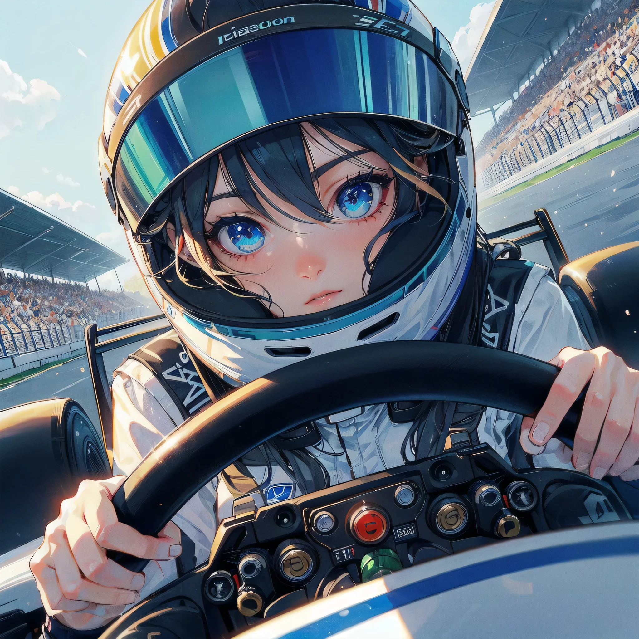 high quality,HD,16k,sharp lines,1 girl,Female f1racer athlete ,cute face, large breasts, nice legs,At the racing venue,focus girl,detailed beautiful face,detailed clothes,beautiful eyes,cool,dynamic angle