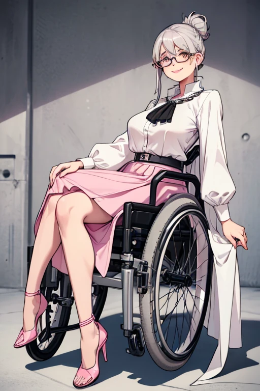 female, grey hair in a bun, yellow eyes, (((1girl))), (((white blouse))), (pink long skirt), (pale pink shawl), (black heels), (glasses with chain), (grey pantyhose), sitting in wheelchair, full body, large breasts, large butt, long legs, smiling, older woman