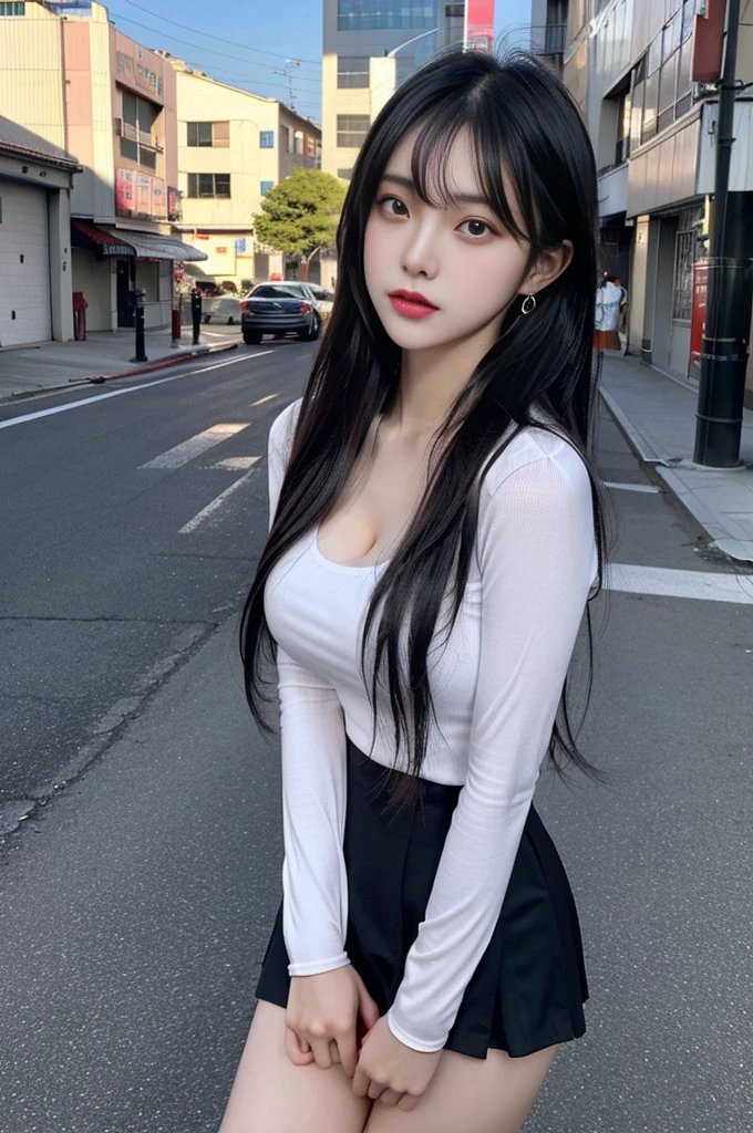 cyber punk, highest quality, masterpiece, shape, Realistic, photo-Realistic, wonderful, finely, Very detailed, High resolution, Very detailed, unity 8k wallpaper, Full body shot of a beautiful young woman with Korean-style features resembling a popular actress, Blouse, Solid Mini Skirt, Knee high socks, (Very small breasts), thin, She has pink and bluish eyeshadow, bangs, Black Hair, Long Hair, head, and arms. Standing and looking at me, Japanese residential area, Narrow eyes, 細長い目のshape, Three white eyes, Confident expression, Evil look, Very slender and beautiful legs, Beautiful and thin thighs, Earrings,