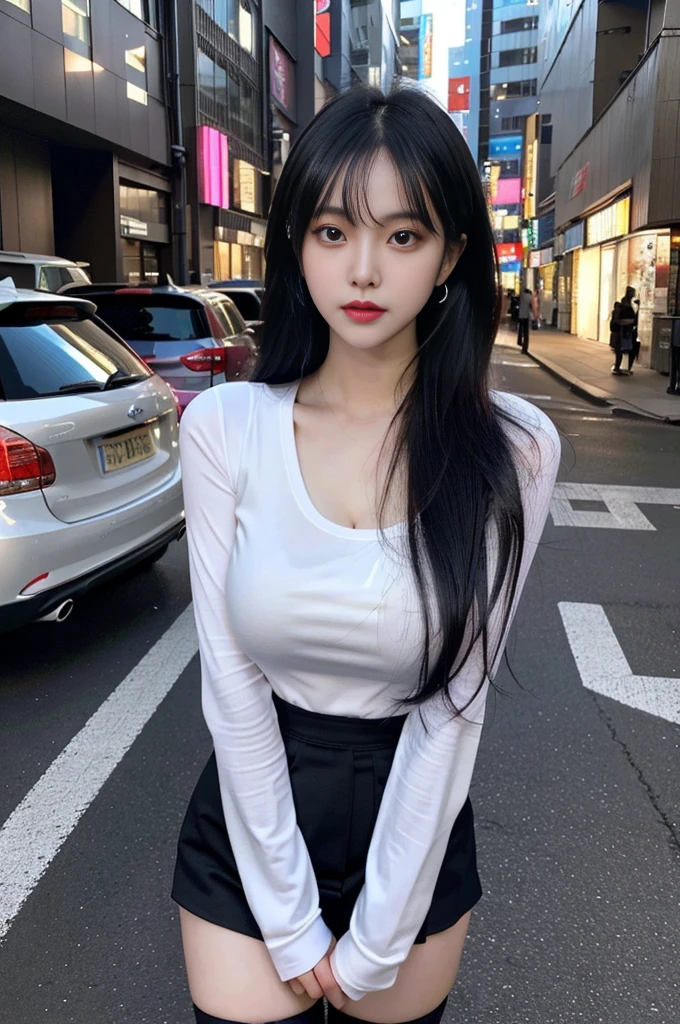 cyber punk, highest quality, masterpiece, shape, Realistic, photo-Realistic, wonderful, finely, Very detailed, High resolution, Very detailed, unity 8k wallpaper, Full body shot of a beautiful young woman with Korean-style features resembling a popular actress, Blouse, Solid Mini Skirt, Knee high socks, (Very small breasts), thin, She has pink and bluish eyeshadow, bangs, Black Hair, Long Hair, head, and arms. Standing and looking at me, Japanese residential area, Narrow eyes, 細長い目のshape, Three white eyes, Confident expression, Evil look, Very slender and beautiful legs, Beautiful and thin thighs, Earrings,