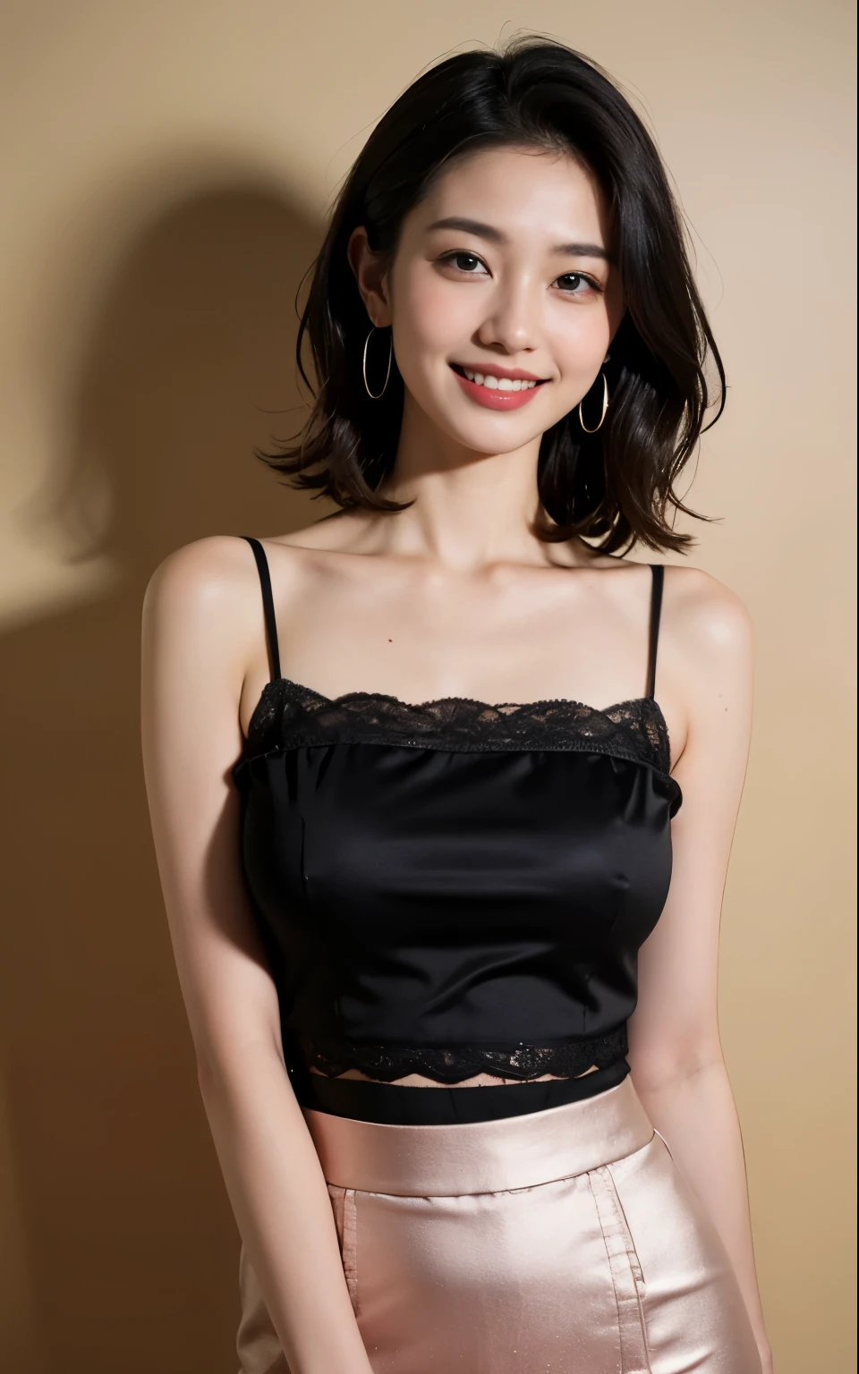 masterpiece, highest quality, alone, 1 girl, Glowing Skin, Glittering earrings, glamorous, Quirky details, Charm, Exposing shoulders, Sheer silk lace crop top, Tight Skirt, Shallow depth of field, Contrasting, Professional models, Look forward, Overbyte、Mouth half open、blush:2.5、Larger breasts、Random hairstyles for short hair、Black Hair、close up face、Portrait、smile、Teeth are visible、Wide mouth、Narrow eyes、round face、Multiple moles、Fair skin、Kind 35 year old、Embarrassed look、Brown eyes、