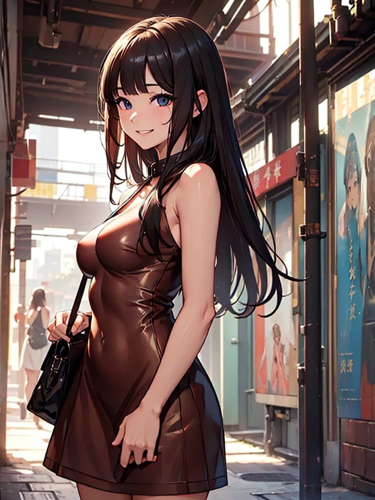 (masterpiece、top-quality、hight resolution)、street whore、((Glimpses of bare skin、Rubber dress))、((Brothel))、nsfw、grin、small bag、enormous breasts