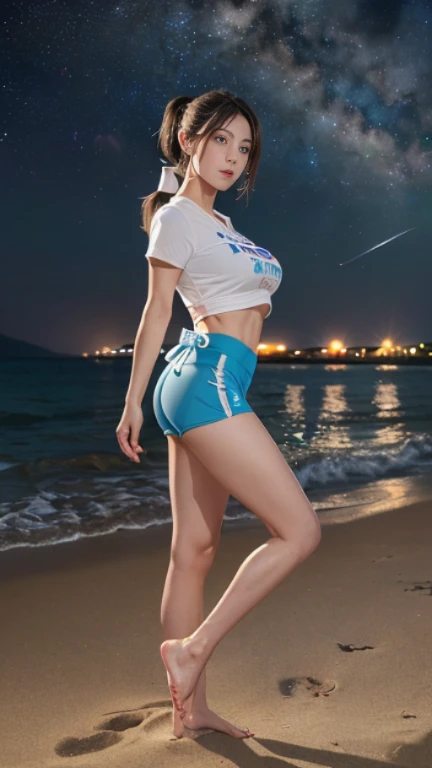 ((masterpiece)), (highest quality), 23 years old,Very detailed, finely, (High resolution), (8k), ((Perfect front viewcomposition)), (Natural color lip),(Side Ponytail:1.3),(((Standing facing forward on the beach at night, look at me))),((Printed T-shirt)),((Light blue fitness shorts)),((From the whole body to the toes:1.3)),((Perfect front view)),((The magnificent Milky Way floating in the night sky)),((Natural pose)),,((Big ribbon on thigh)),((Normal size buttocks)),((Ample breasts)),((Full and firm breasts)),(look at me微笑む),