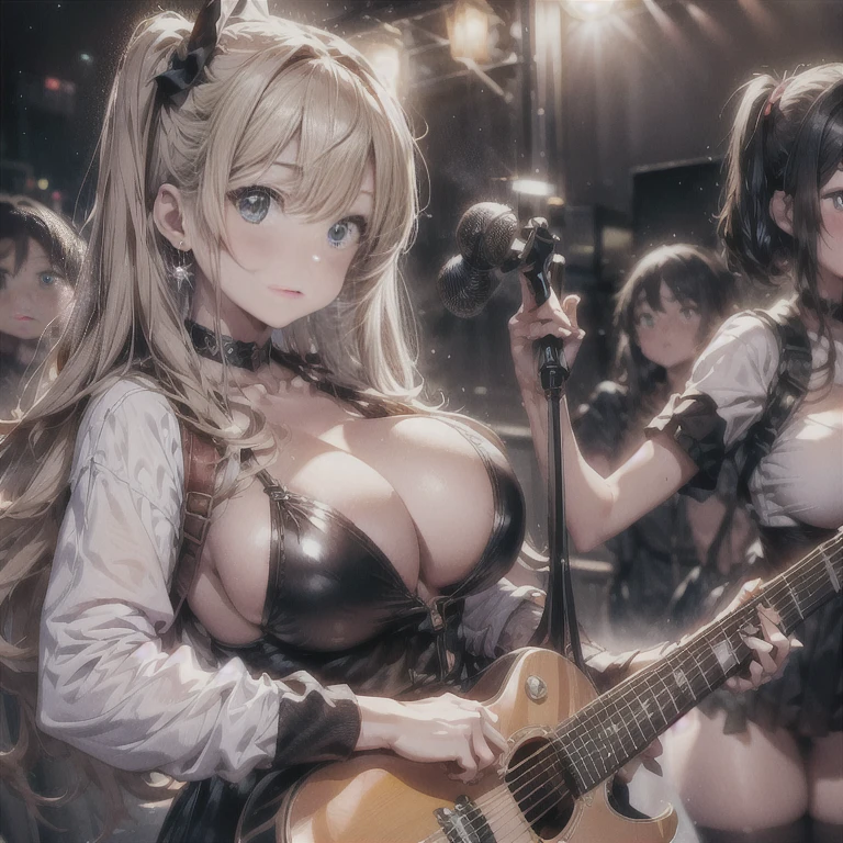 Three Girls, length, Electric guitar, focus, (Depth of written boundary, Ambient Lighting, band、Blurred foreground, Blurred Background:1.3), atmosphere, Flares of light, Intricate details, Enhanced lighting、smile、On stage with the audience、Portrait、Yellow Jacket、Black shorts、Camel Toe、Giant tit、Nipple Puffs、Cleavage、Plump、Super big breasts、Super big butt、Cowboy Shot、Earrings、Earrings、necklace、Thick lips、Heterochromia、Bracelet、Caster wheel、first round、Hair Charm、Lip gloss、fiery hair、Burning Eyes、Holding a guitar、Stand microphone