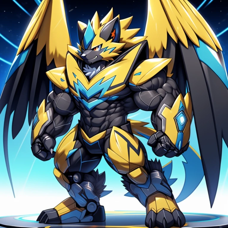 (Pokémon) Zeraora's giant robot.
Gigantic ZERAORA,
GIANT.
Protecting Zeraora's design and color scheme.

He wears a black cloak on his back.
The cloak is so long that it touches the ground,

whole body shines like metal.
Wearing cyberpunk mecha, emphasizes the muscles.
He wears the same armor as himself from head to foot. (emphasizes the muscles.)
suit fully made of metal,
intricate armor, Robotic suit, suit fully made of metal, cyborg,

big muscle.
pecs, triceps,
body full of huge muscles.
unusually developed muscular body,
A Zeraora at the bodybuilding competition,
massive,
huge muscular bodybuilder with extraordinary biceps, pecs, triceps, traps, gigachad, 300 lbs.

The claws are sharp, Sharp teeth,
with huge golden laser sword,

metallic eagle shaped wings,
Metal wings on the back,