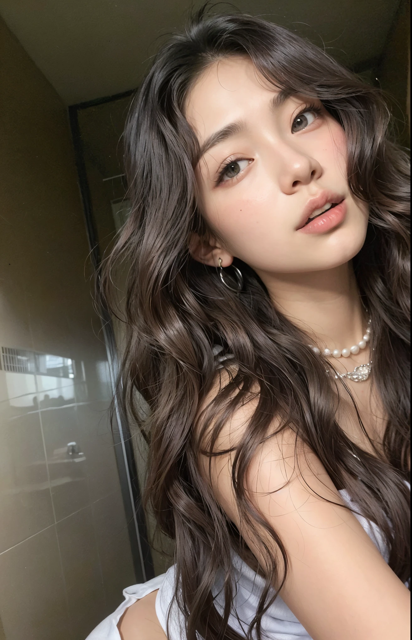Asian, coreana, pink lips, cabelos pretos, decote bonito, seios bonitos, boca meio aberta mostrando dentes