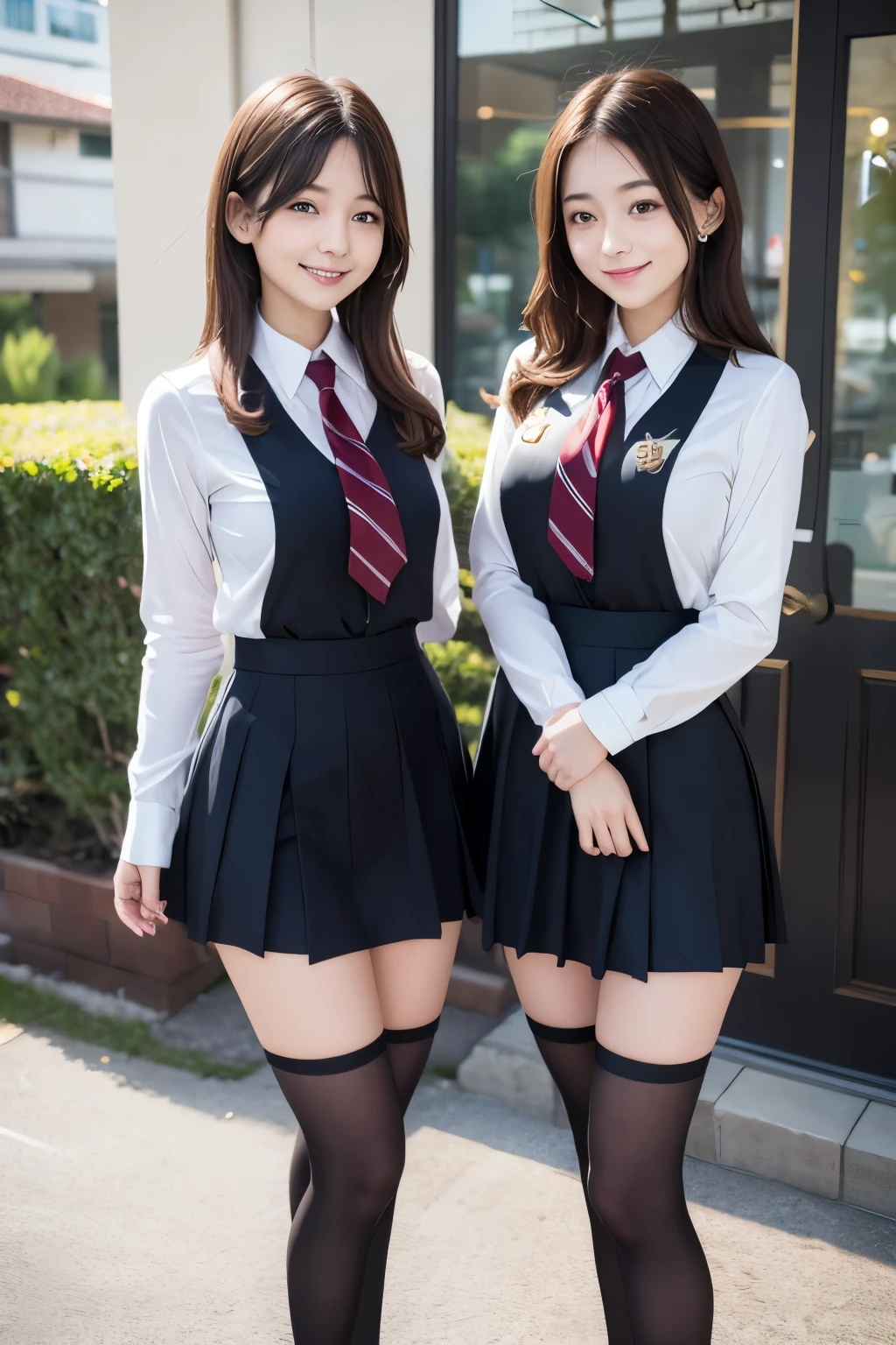 Best quality at best , High accuracy , Perfect Lighting , RAW phenomenon , Beautiful skin , 1 Japan Beautiful schoolgirl、Shinei High School Uniform（White blouse、Check skirt）、Obscene big breasts、Obscene legs、Pants visible from between the crotches（White underwear）、Raw feet、A detailed face、Going down the stairs、Obscene ass、Panchira