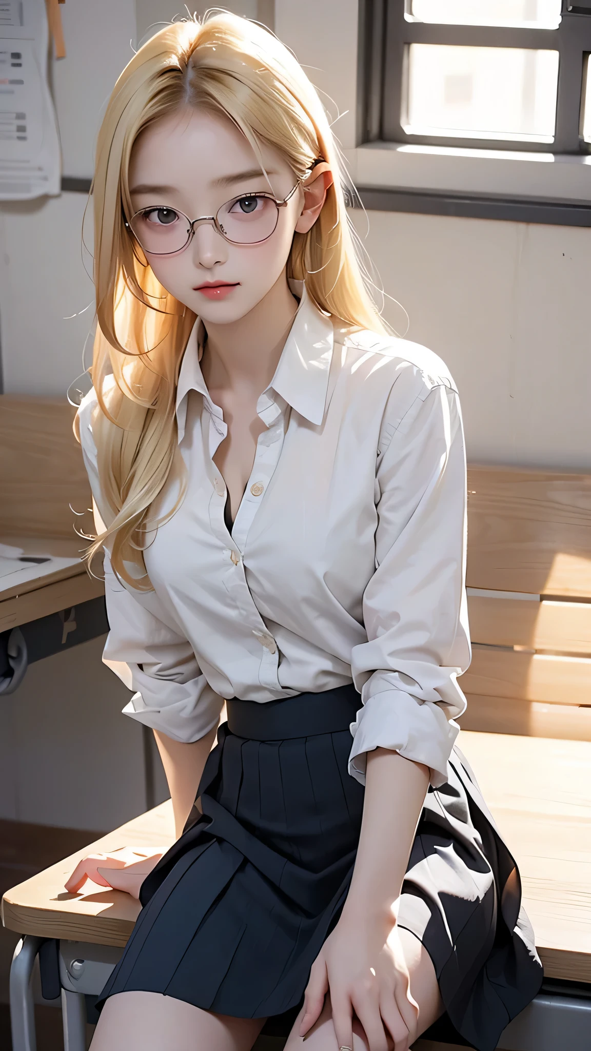 A girl, 20 years, with very long blonde hair, with two ponytails, blue eyes, round face, small nose, small mouth, thick lips, Small ears, cap, belt, big breasts, Cybernetics, glasses, White long sleeve blouse, pleated skirt, blue kilt, socks, scarce, visible breasts, Ray Tracing, Reflection light, 16k, 8k, highres, best quality, award winning, high quality, high details, super detail, textured skin, anatomically correct, accurate, masterpiece