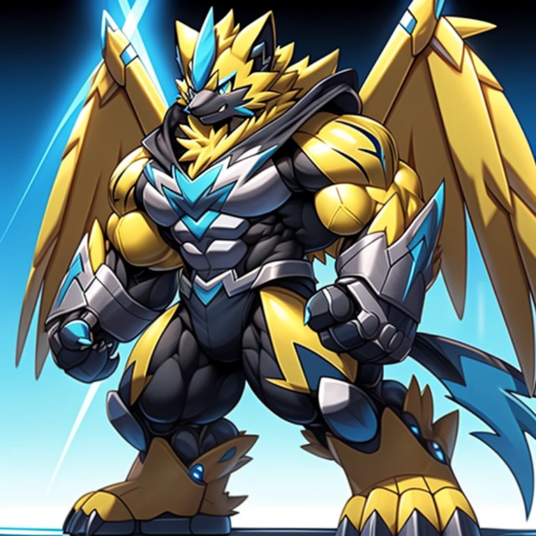 (Pokémon) Zeraora's giant robot.
Gigantic ZERAORA,
GIANT.
Protecting Zeraora's design and color scheme.
He wears a black cloak on his back.
The cloak is so long that it touches the ground, flying in the sky.
whole body shines like metal.
Wearing cyberpunk mecha, emphasizes the muscles.
He wears the same armor as himself from head to foot. (emphasizes the muscles.)
suit fully made of metal,
intricate armor, Robotic suit, suit fully made of metal, cyborg,
big muscle.
pecs, triceps,
body full of huge muscles.
unusually developed muscular body,
A Zeraora at the bodybuilding competition,
massive,
huge muscular bodybuilder with extraordinary biceps, pecs, triceps, traps, gigachad, 300 lbs.
The claws are sharp, Sharp teeth,
with huge golden laser sword,
metallic eagle shaped wings,
Metal wings on the back,