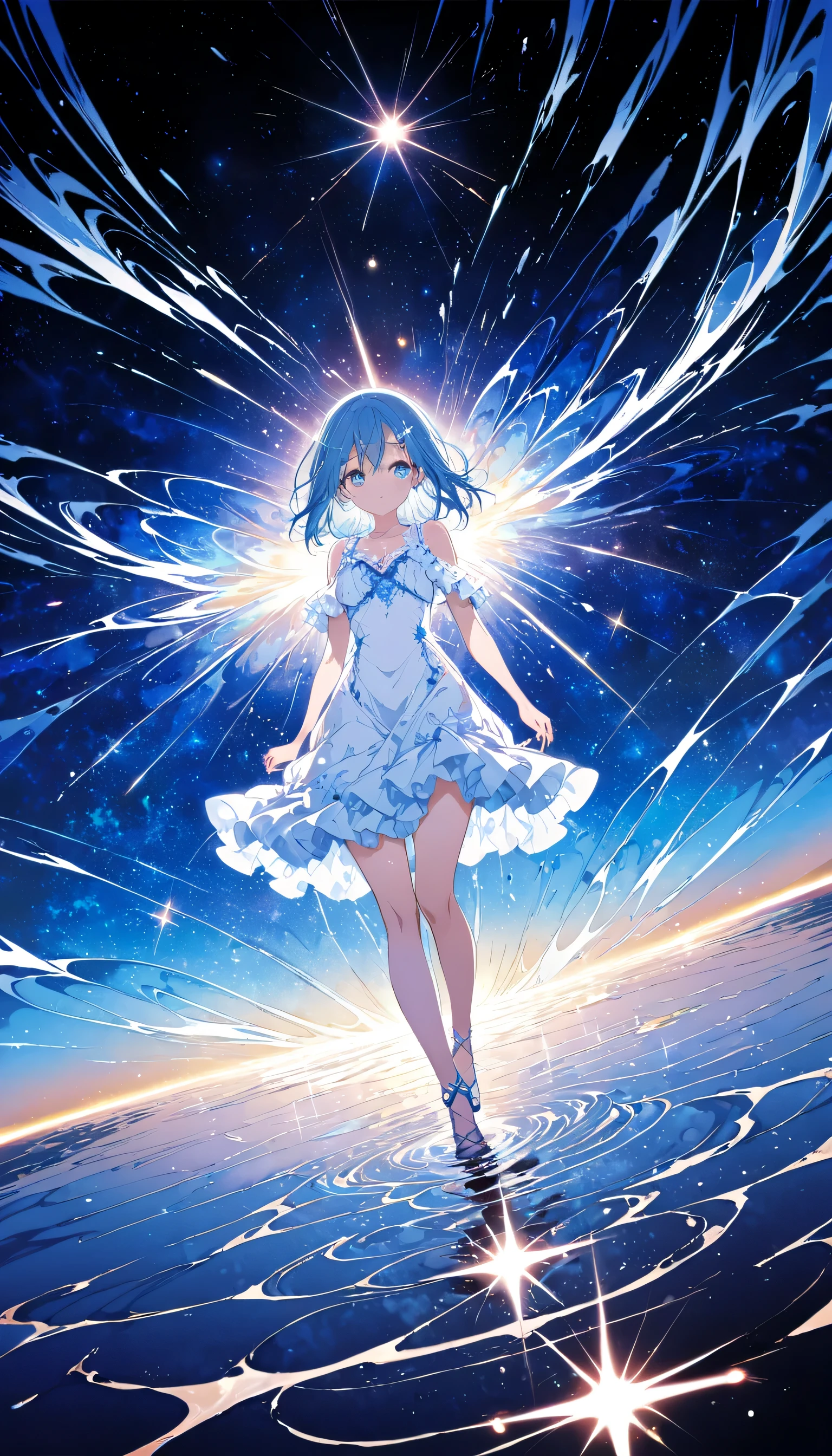 Absurd, High resolution, (Official Art, beautifully、aesthetic:1.2), (Shortsighted:1.15), (One girl, Blue Hair, Medium Hair, blue eyes, Bright Eyes, long white dress, Blue frills,:1.2) blue sky, Sparkling Galaxy, (Uyuni salt lake:1.2), (Fractal Art:0.8), water effects, Ripple effects, (Flower effect: 0.65), Light effects,