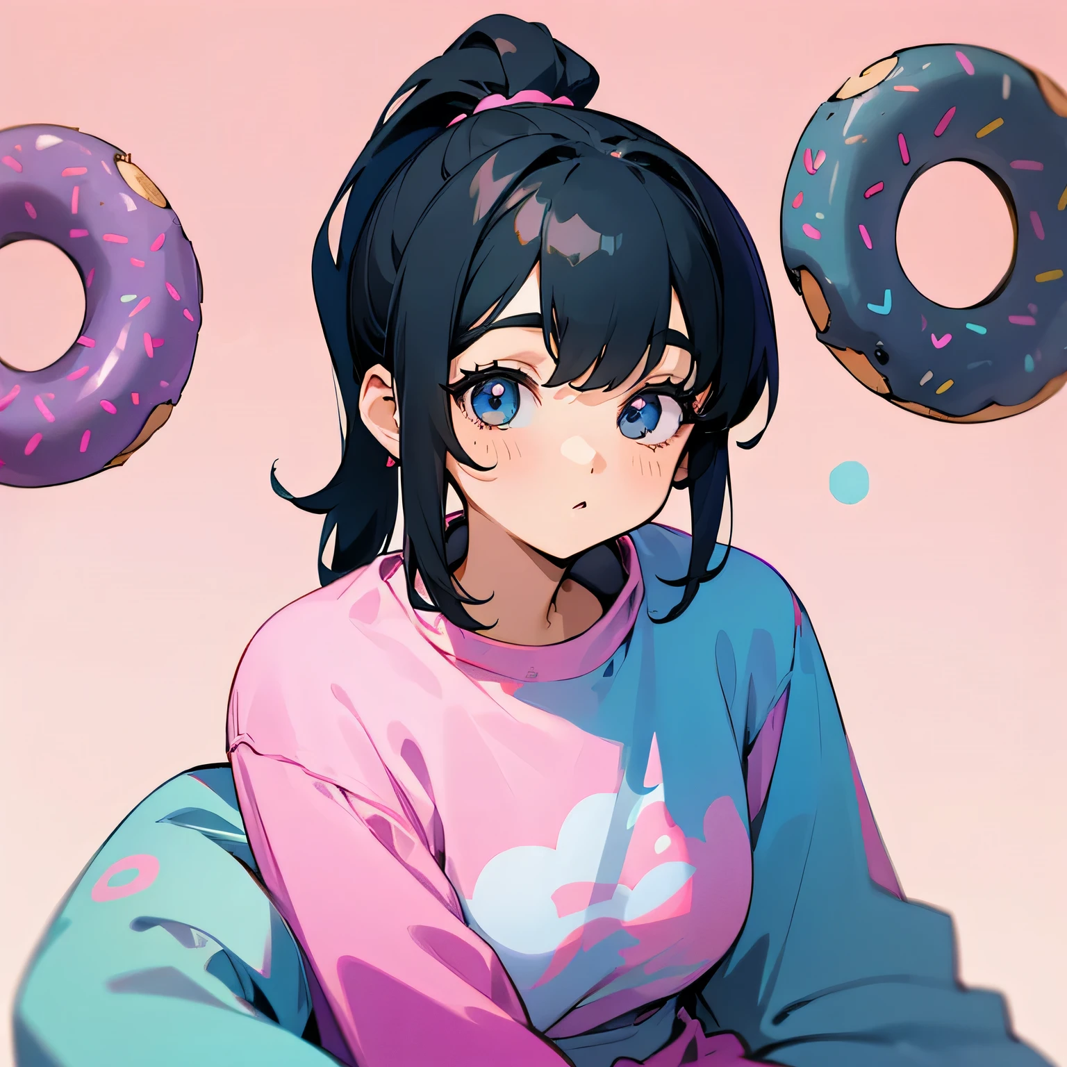 girl、Black Hair、ponytail、sit、pastel colour、donut、Retro style background
