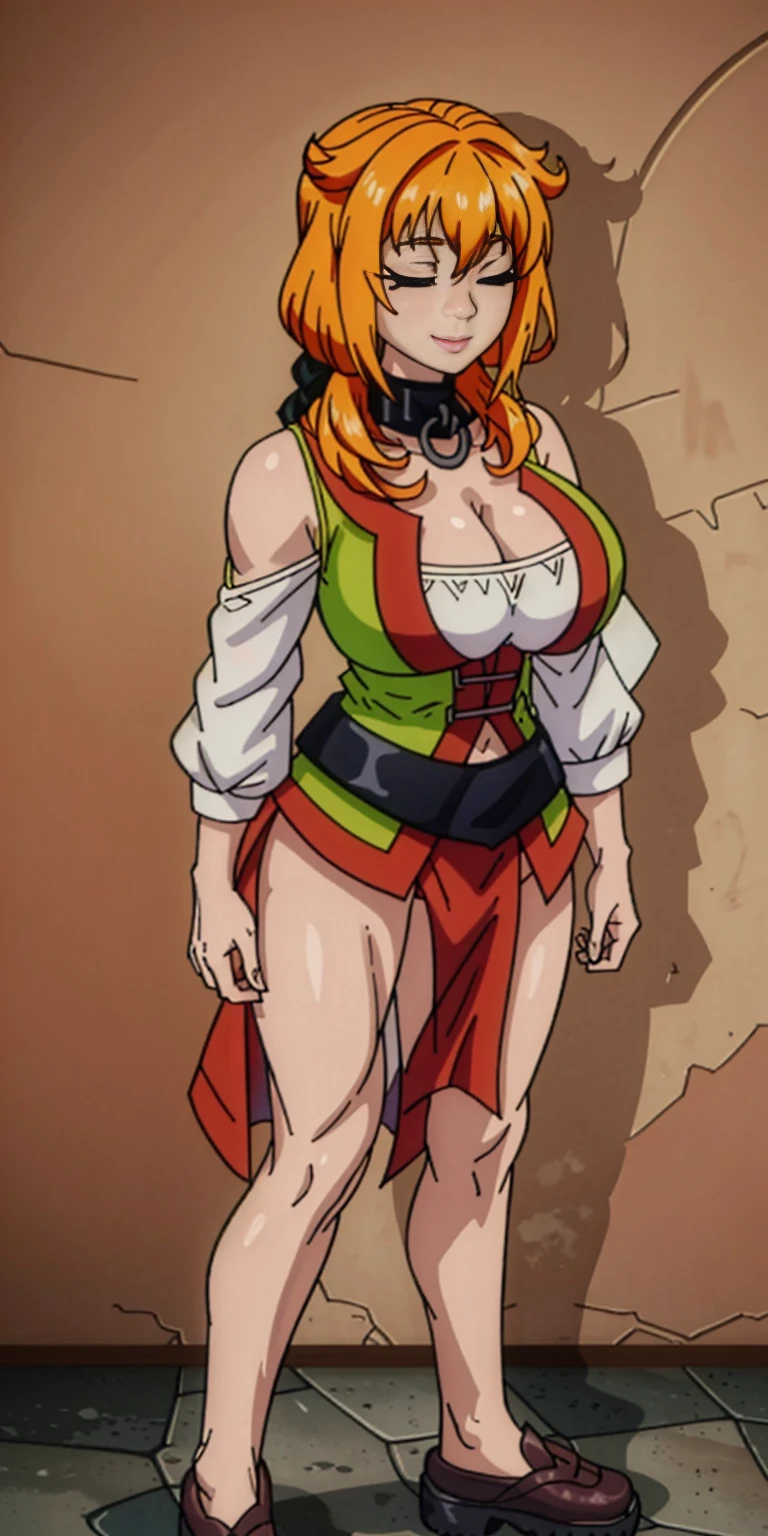 (masterpiece, HI quality: 1.1) 1girl full body standing good face, nice ass, hairstyle: braid, Color Hair: long hair, Blindfolded: NO EYES, Skin: White (porcelain skin, sparkly skin), muscular, thighs, Mature woman, Abs, looks at the viewer smiling, extremely huge breasts, maternal, chest cover with clothes, huge white necklace