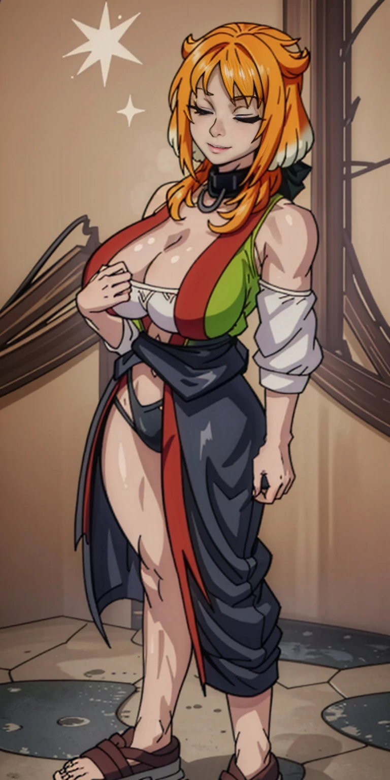 (masterpiece, HI quality: 1.1) 1girl full body standing good face, nice ass, hairstyle: braid, Color Hair: long hair, Blindfolded: NO EYES, Skin: White (porcelain skin, sparkly skin), muscular, thighs, Mature woman, Abs, looks at the viewer smiling, extremely huge breasts, maternal, chest cover with clothes, huge white necklace