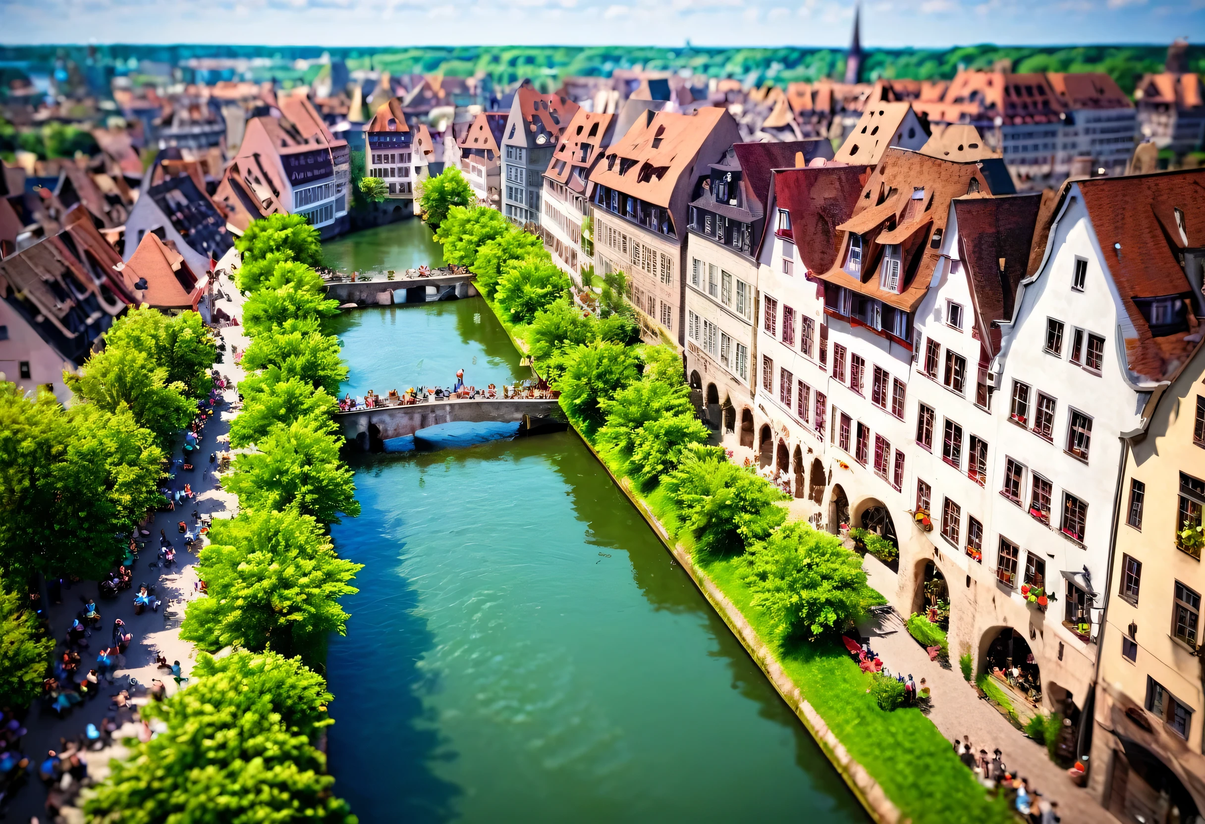 Building and floating flowers々A view of the canal, Tilt-shift photography by Bernard D'Andrea, Shutterstock, Renaissance, Northern France, building along a river, european river, Nuremberg, European Buildings, French architecture, Landscape of medieval France, Travel to France, Medieval city, Beautiful images, Normandy, fairy tale place, Medieval architecture