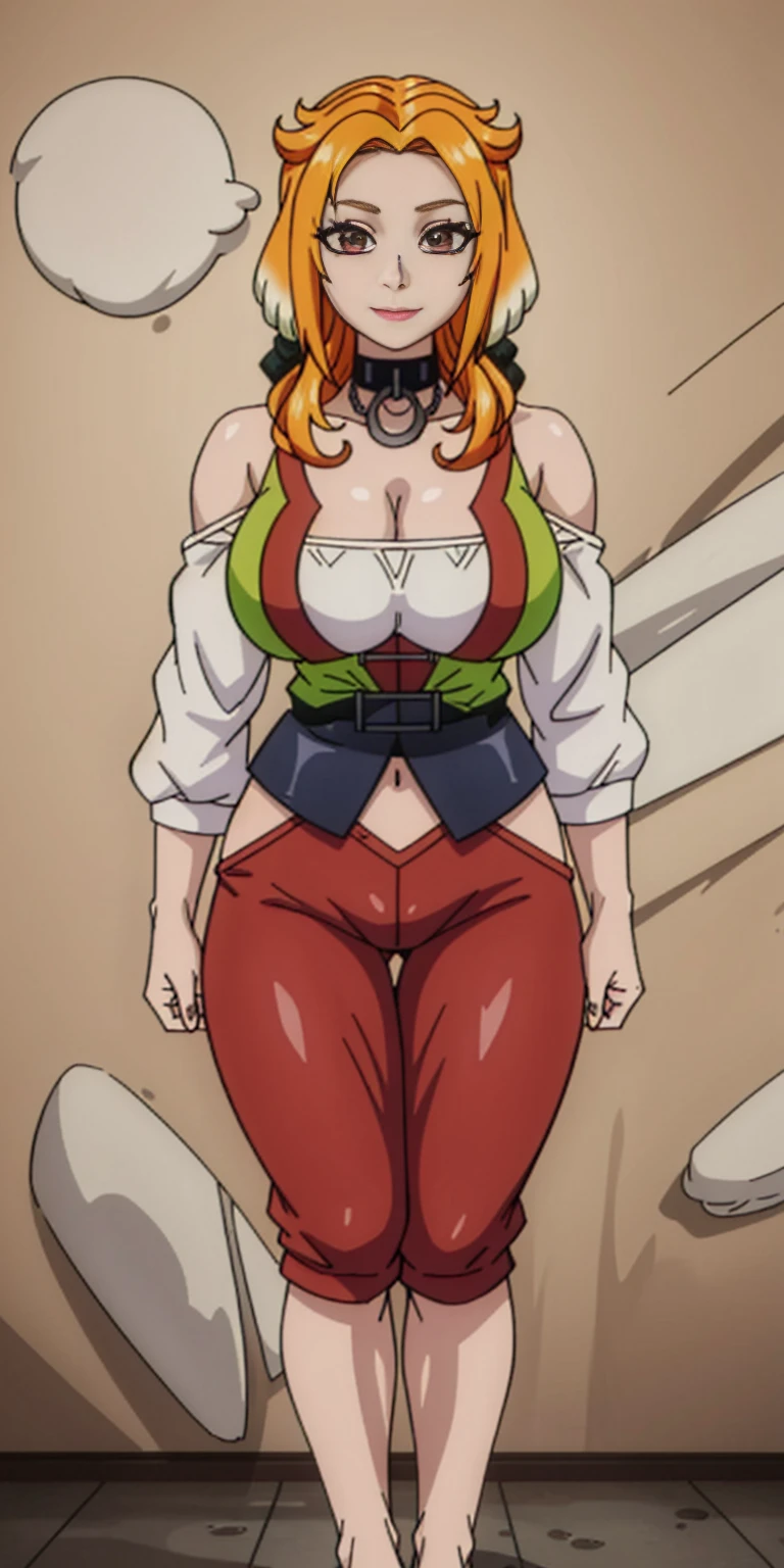 Roxanne Demin kin 1girl, solo, breasts, large breasts, navel, animal ears, cleavage, tail, hairband, pants, orange hair, collar, dog ears, dog tail, dog girl, black collar, green pants, floppy ears, eyes closed, sleeping, lying on bed, waist up, leather slave collar choker, bracers