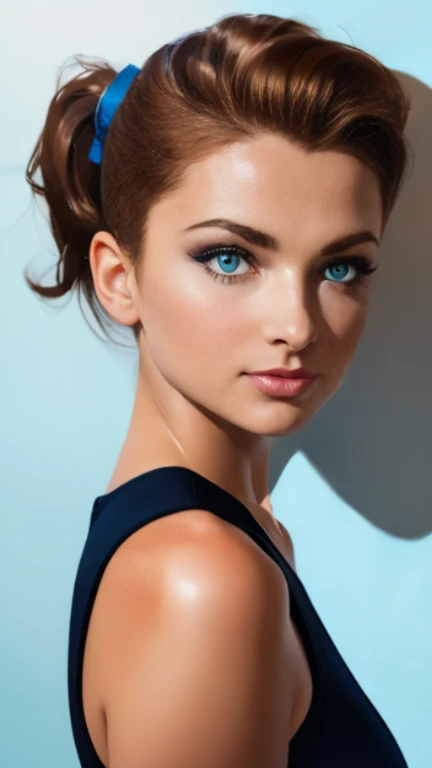 masterpiece, trending on artstation, portrait, pov, 1girl, pretty, cute face, most beautiful in the world,  instagram mdel Rachel Cook, soft, delicate, detailed eyes, (((bright blue eyes))), detailed hair, (medium length brown hair, hair tied up, ponytail), low cut blouse, tight blouse, (medium breasts:1.0), small nipples, depth of field, (warm glow:1.2), (soft lighting:1.1), (shadows),Pin-up painting from the '50s, in the art style of Alberto Vargas,, award-winning, masterpiece  
