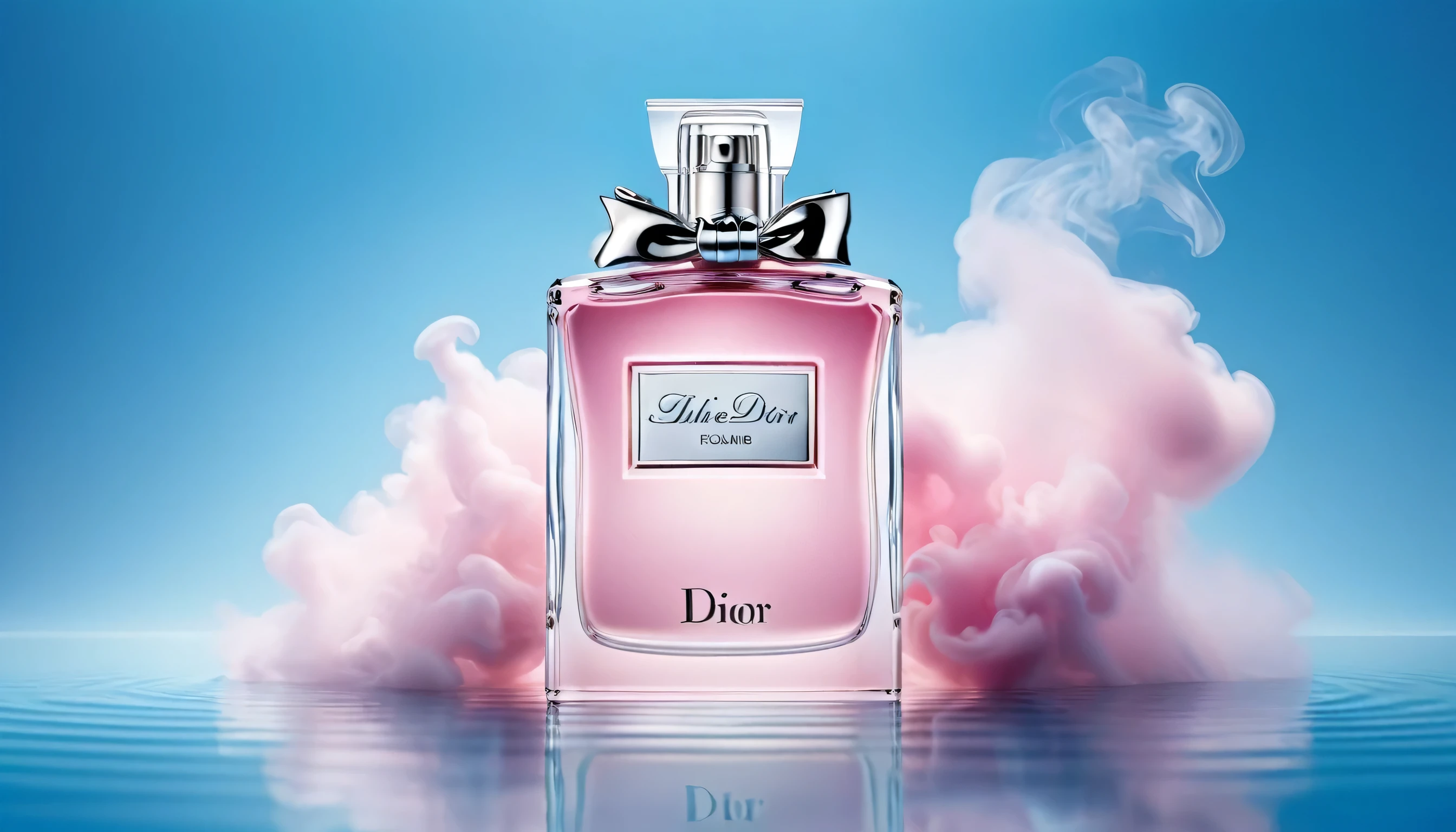 A bottle of Dior perfume hangs in the middle of the picture, the main body is floating on the water, light pink smoke, spotlight, light blue and pink background, exquisite, precision, high detail. Perfect lighting. 8k, super clear and super noise reduction