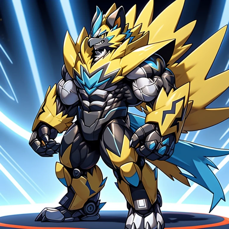 (Pokémon) Zeraora's giant robot.
Gigantic ZERAORA,
GIANT.
Protecting Zeraora's design and color scheme.

He wears a black cloak on his back.
The cloak is so long that it touches the ground,

whole body shines like metal.
Wearing cyberpunk mecha, emphasizes the muscles.
He wears the same armor as himself from head to foot. (emphasizes the muscles.)
suit fully made of metal,
intricate armor, Robotic suit, suit fully made of metal, cyborg,

big muscle.
pecs, triceps,
body full of huge muscles.
unusually developed muscular body,
A Zeraora at the bodybuilding competition,
massive,
huge muscular bodybuilder with extraordinary biceps, pecs, triceps, traps, gigachad, 300 lbs.

The claws are sharp, Sharp teeth,
with huge golden laser sword,

metallic eagle shaped wings,
Metal wings on the back,