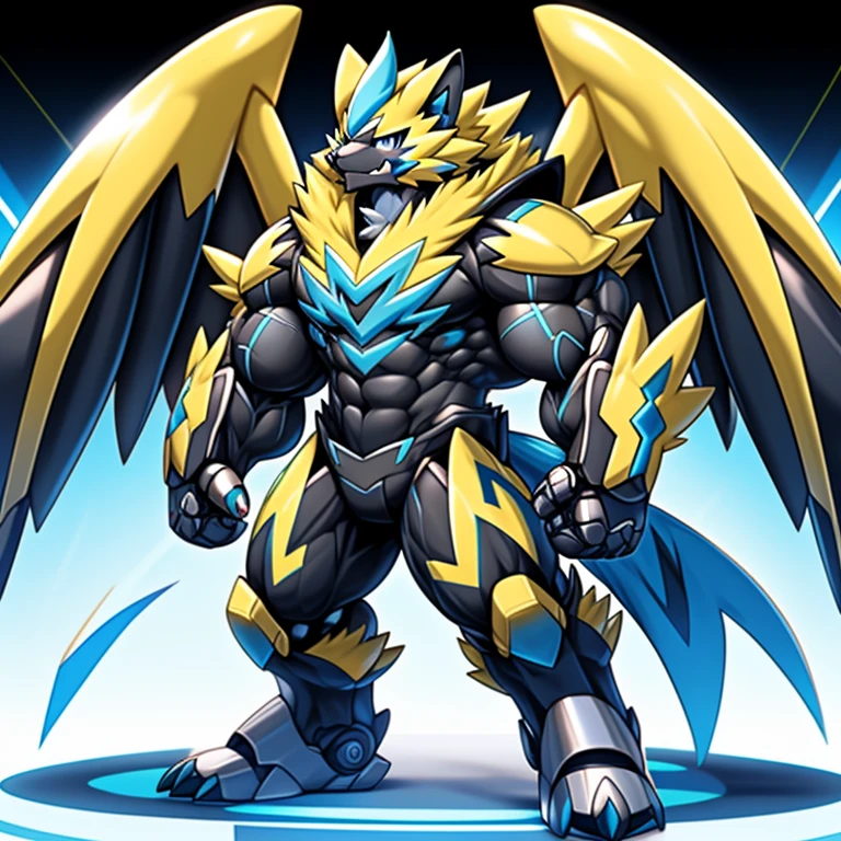(Pokémon) Zeraora's giant robot.
Gigantic ZERAORA,
GIANT.
Protecting Zeraora's design and color scheme.
He wears a black cloak on his back.
The cloak is so long that it touches the ground,
whole body shines like metal.
Wearing cyberpunk mecha, emphasizes the muscles.
He wears the same armor as himself from head to foot. (emphasizes the muscles.)
suit fully made of metal,
intricate armor, Robotic suit, suit fully made of metal, cyborg,
big muscle.
pecs, triceps,
body full of huge muscles.
unusually developed muscular body,
A Zeraora at the bodybuilding competition,
massive,
huge muscular bodybuilder with extraordinary biceps, pecs, triceps, traps, gigachad, 300 lbs.
The claws are sharp, Sharp teeth,
with huge golden laser sword,
metallic eagle shaped wings,
Metal wings on the back,