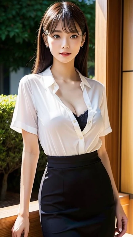 白いシャツと黒いスカートを着て机に座っているAsian女性、Wear a shirt、Wearing a blouse、White shirt、Open shirt、Japanese、Human female、Sexy office lady、Asian、Open V-neck dress、Office Clothes、Japanese Goddess、白いWear a shirt、An elegant and seductive pose against a natural light background、White blouse、Big cleavage、Transcendental beauty、Tall and slender beauty、Ultra slim lower body、Extraordinary beauty