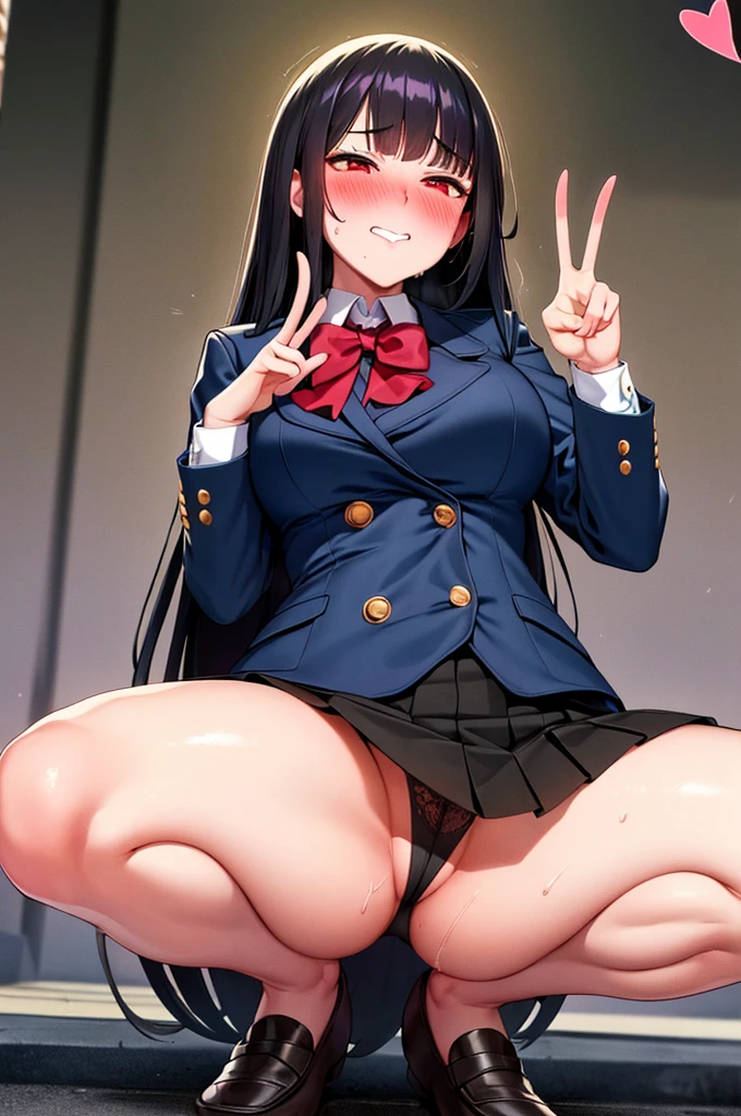 (nsfw),masterpiece,ultra detailed,sharp focus,4k digital art,high resolution,peeing,(double peace,peace sign,v sign with both hands:1.5),(aroused and blushed:1.7),(peeing),tareme,(adult beautiful face,curvy adult body),(from below,upskirt:1.2),(navy blazer),dress shirt,navy pleated skirt,bow tie,(black hair,long straight hair),at back alley,off street,night light,(sweaty:1.2),grinning,(trembling,flying heart-shapes),(squatting and spreading legs),pubic hair,sexy undies,loafers
