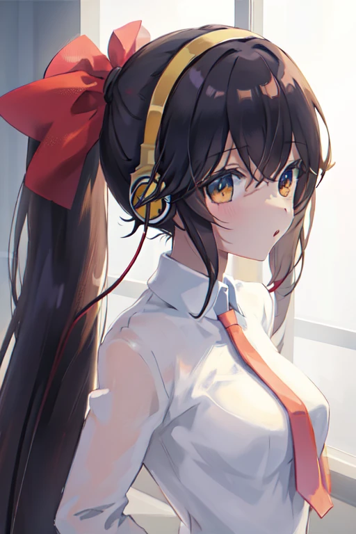 Anime Girl with headphones on her face and a white background, Anime cute art style, Anime visuals of cute girls, cute Anime Girl, (Anime Girl), Smooth anime CG art, Kawaii realistic portrait,『black hair』Tied with a high ponytail，Brown eyes， Use your index finger, From Girl Front, anime style portrait, Girl front style, Produced in collaboration with Anime Painter Studio, In the anime painter studio, an Anime Girl