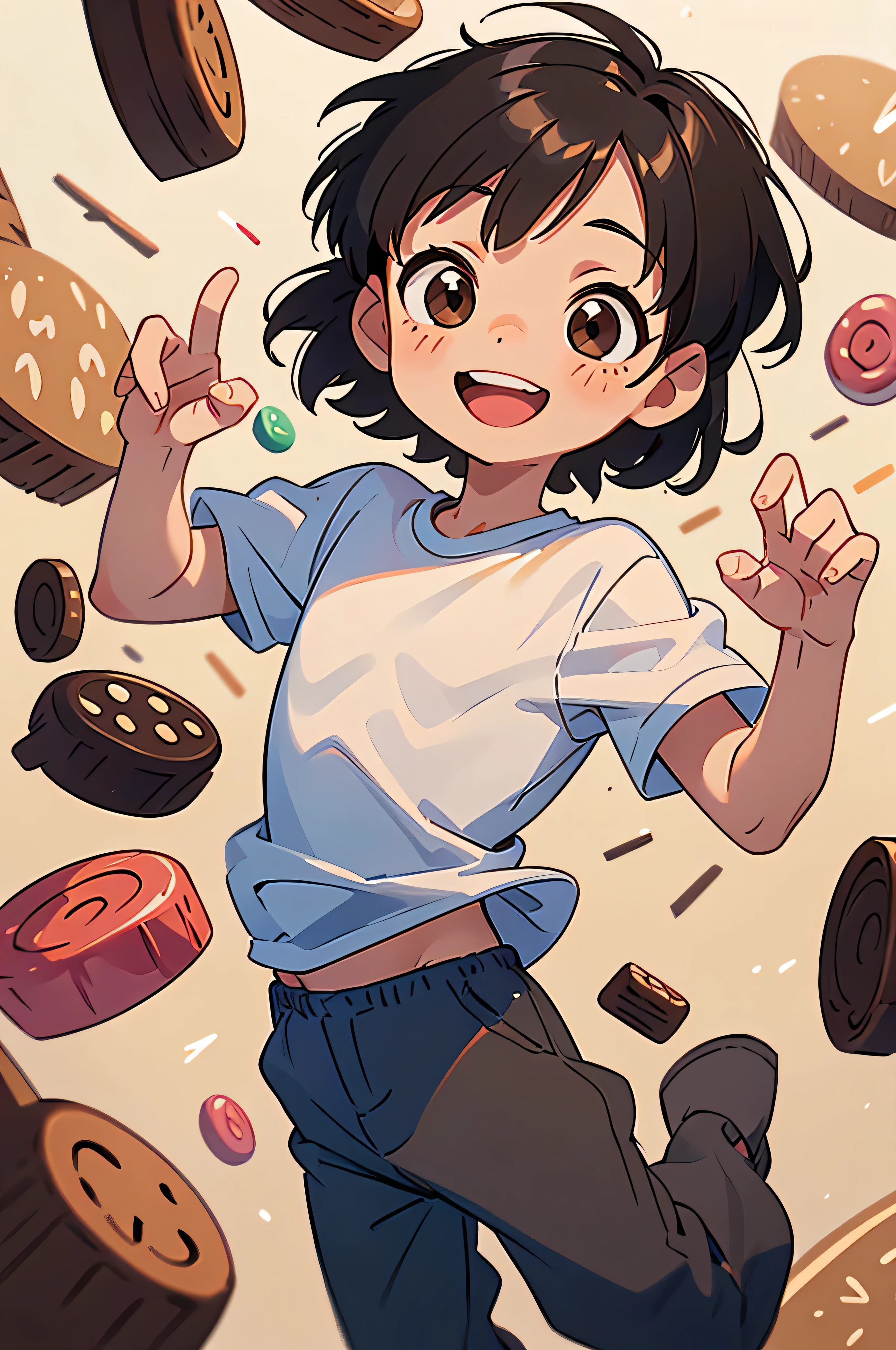 (1 little boy). short hair, straight hair, black hair, brown eyes , joyful, fun, smiling , a little crazy , candy