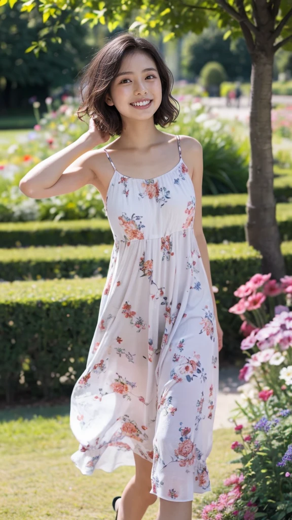 masterpiece, highest quality, disorganized, perfect anatomy, 1 girl, alone, pascal tales, short hair, beautiful, Hilarious, sunny day, botanical garden, Summer winds, sundress, Floral, wavy hair, smile