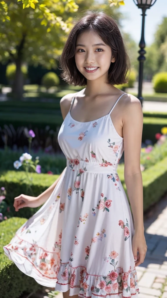 masterpiece, highest quality, disorganized, perfect anatomy, 1 girl, alone, pascal tales, short hair, beautiful, Hilarious, sunny day, botanical garden, Summer winds, sundress, Floral, wavy hair, smile