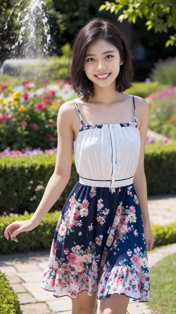 masterpiece, highest quality, disorganized, perfect ???????, 1 girl, alone, pascal tales, short hair, beautiful, Hilarious, sunny day, botanical garden, Summer winds, sundress, Floral, wavy hair, smile