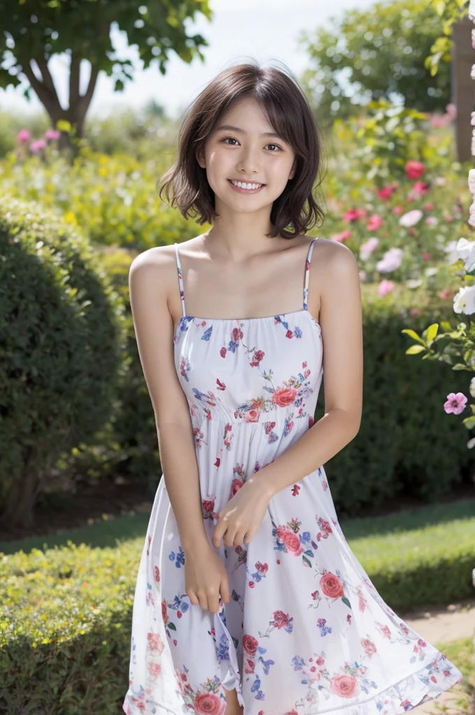 masterpiece, highest quality, disorganized, perfect anatomy, 1 girl, alone, pascal tales, short hair, beautiful, Hilarious, sunny day, botanical garden, Summer winds, sundress, Floral, wavy hair, smile