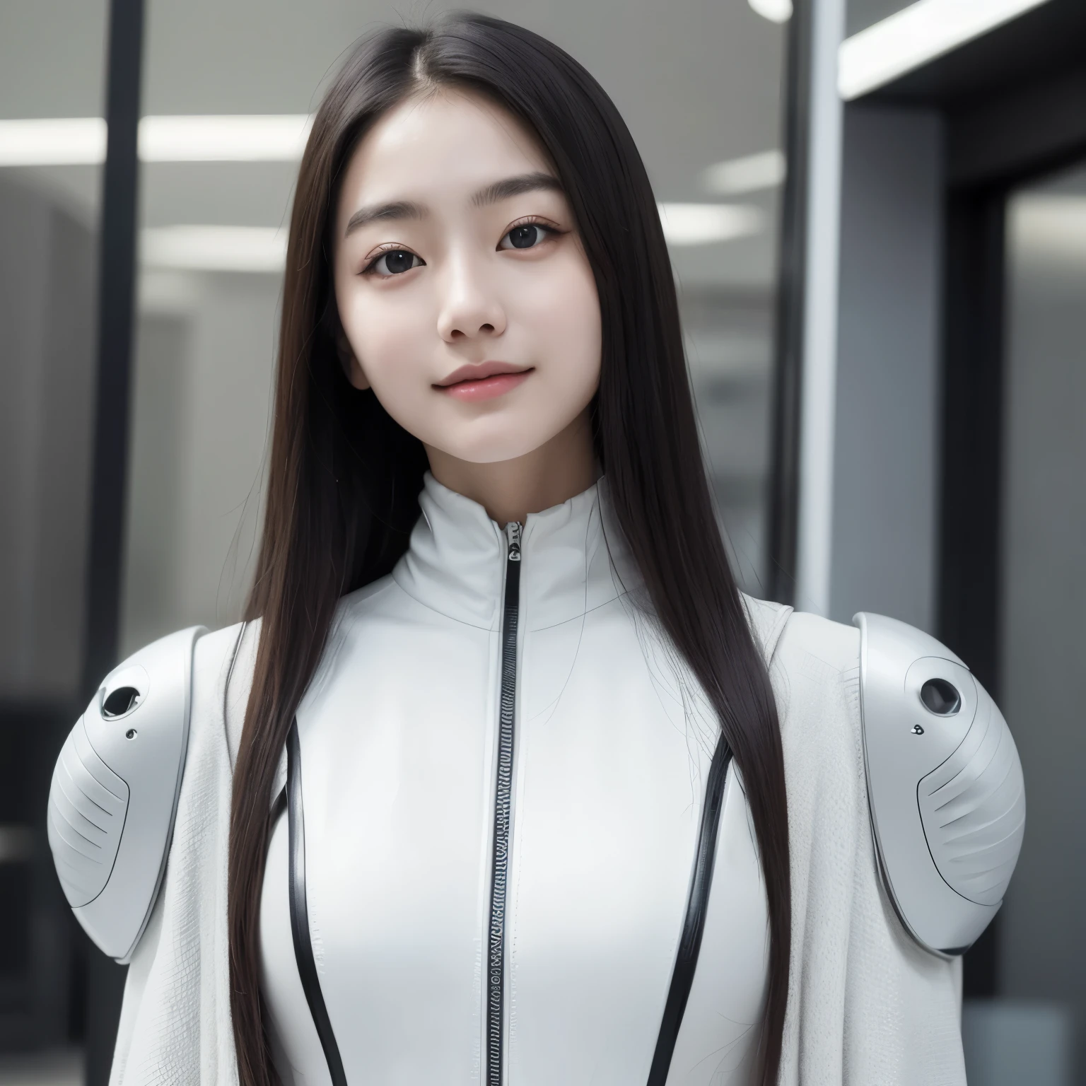 Korean girl with aegyosal, white skin, perfect face, detailed. Smiles, long hair, wearing futuristic style clothes. Face angle