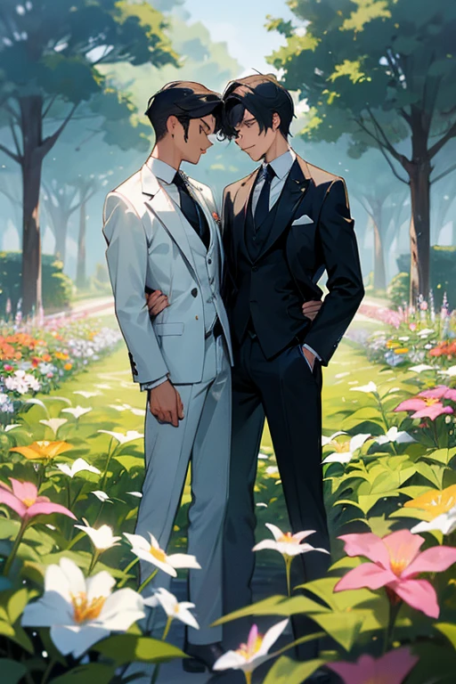 A garden full of blooming flowers、Two young men in suits、
