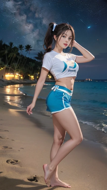 ((masterpiece)), (highest quality), 23 years old,Very detailed, finely, (High resolution), (8k), ((Perfect front viewcomposition)), (Natural color lip),(Side Ponytail:1.3),(((Standing facing forward on the beach at night, look at me))),((Printed T-shirt)),((Light blue fitness shorts)),((From the whole body to the toes:1.3)),((Perfect front view)),((The magnificent Milky Way floating in the night sky)),((Natural pose)),,((Big ribbon on thigh)),((Normal size buttocks)),((Ample breasts)),((Full and firm breasts)),(look at me微笑む),