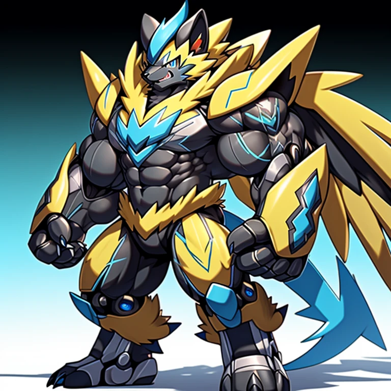 (Pokémon) Zeraora's giant robot.
Gigantic ZERAORA,
GIANT.
Protecting Zeraora's design and color scheme.
wears a black cloak on his back.
whole body shines like metal.
Wearing cyberpunk mecha, emphasizes the muscles.
He wears the same armor as himself from head to foot. (emphasizes the muscles.)
suit fully made of metal,
intricate armor, Robotic suit, suit fully made of metal, cyborg,
big muscle.
pecs, triceps,
body full of huge muscles.
unusually developed muscular body,
A Zeraora at the bodybuilding competition,
massive,
huge muscular bodybuilder with extraordinary biceps, pecs, triceps, traps, gigachad, 300 lbs.
The claws are sharp, Sharp teeth,
with huge golden laser sword,
metallic eagle shaped wings,
Metal wings on the back, It has four arms.