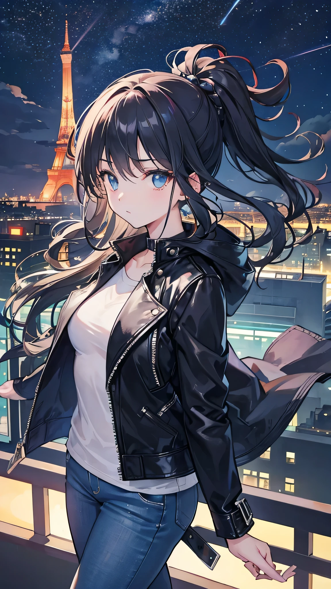 Imagine an 8k resolution anime illustration capturing a casual yet stylishly dressed beautiful girl gazing at the cityscape from a high-rise rooftop at night. Her ensemble includes well-fitted jeans and a chic leather jacket, which add a touch of urban sophistication. Her hair dances in the evening breeze, adding a sense of freedom and spontaneity to the scene.

In her hand, she holds a camera, ready to capture the beauty of the twinkling city lights that stretch out before her. The backdrop is a tapestry of the metropolis at night, with towering skyscrapers, glowing streets, and a starry sky above. The scene combines the tranquility of the rooftop vantage point with the vibrant energy of the city, perfectly complementing the girl's adventurous spirit.

Every detail is meticulously illustrated, from the texture of her leather jacket to the expression of contemplation on her face as she seeks out the perfect shot. Her figure is silhouetted against the city's glow, encapsulating a moment of urban beauty and the creative pursuit of photography.
