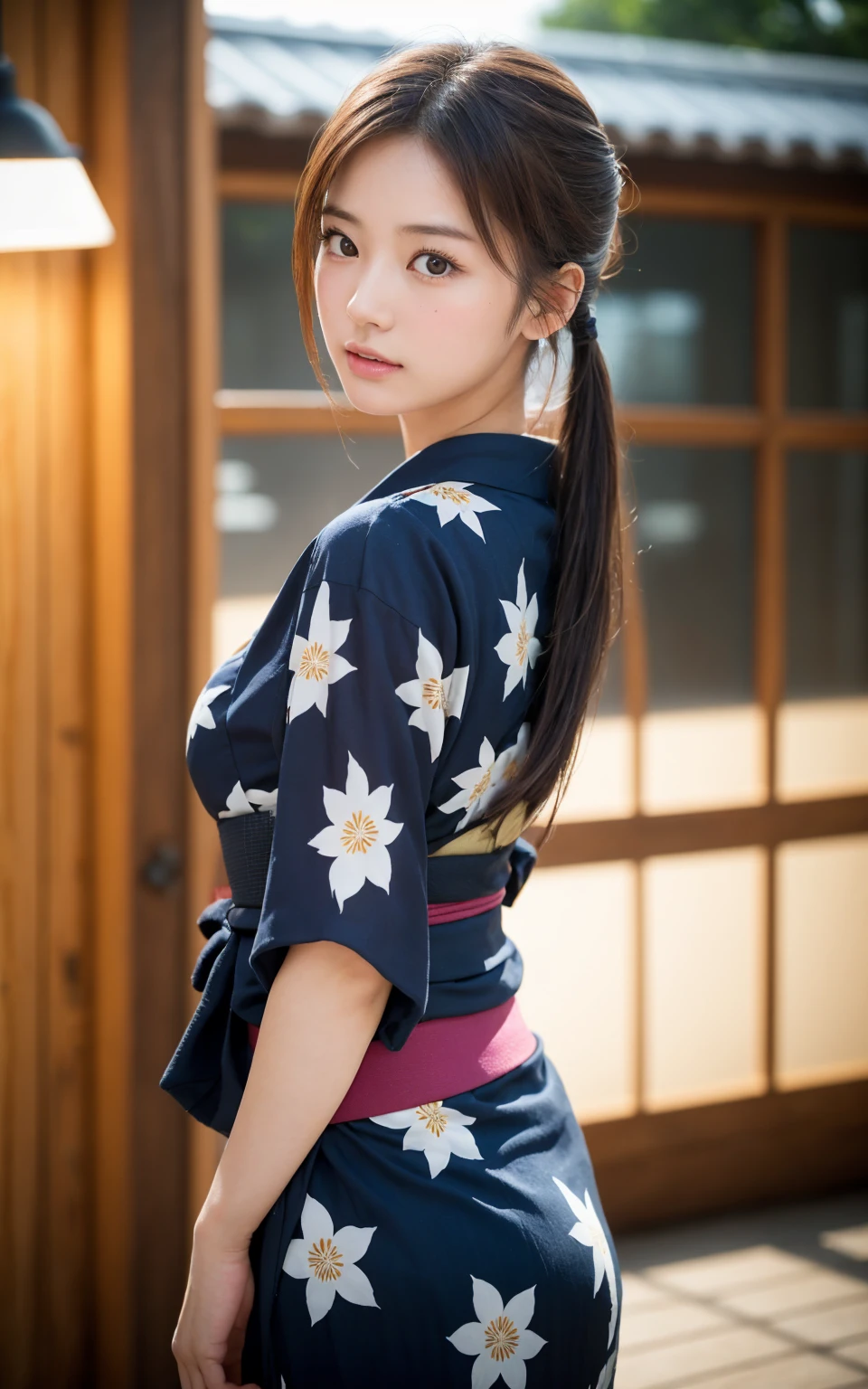 (8k、live-action、Raw photo、highest quality、masterpiece:1.2),(Outdoors,Front lighting:1.2),((Perfect lighting)),(Twin tails),Watching the audience,Looking up,Looking at the front,Sexy pose, back,strong,Erotic,18-year-old,student,White skin,knees,Absurd,Small Face,前hairを真ん中から分けます、The forehead is visible,(Be embarrassed,Tight eyes,Glare,strong,skinny,skinny,get annoyed)、masterpiece,highest quality、超A high resolution,one person, solo,Close-up shot、cute、Back to Students,(yukata:1.3),High school girl,Japanese women,standing,(フォトReal:1.37)、Photon Mapping,Realistic、cuteSmall Face,Brown eyes、prospect、Depth of written boundary、Blurred Background、Real,(前hairが見える), hair, kneesが見える, thigh,(Nogizaka Idol), actress、Big and ample breasts、Cleavage、Super fine、Low people、(Skin with visible pores:1.2)、(Focus on the face)、8 heads、Natural neck、Check and correct the skeleton
