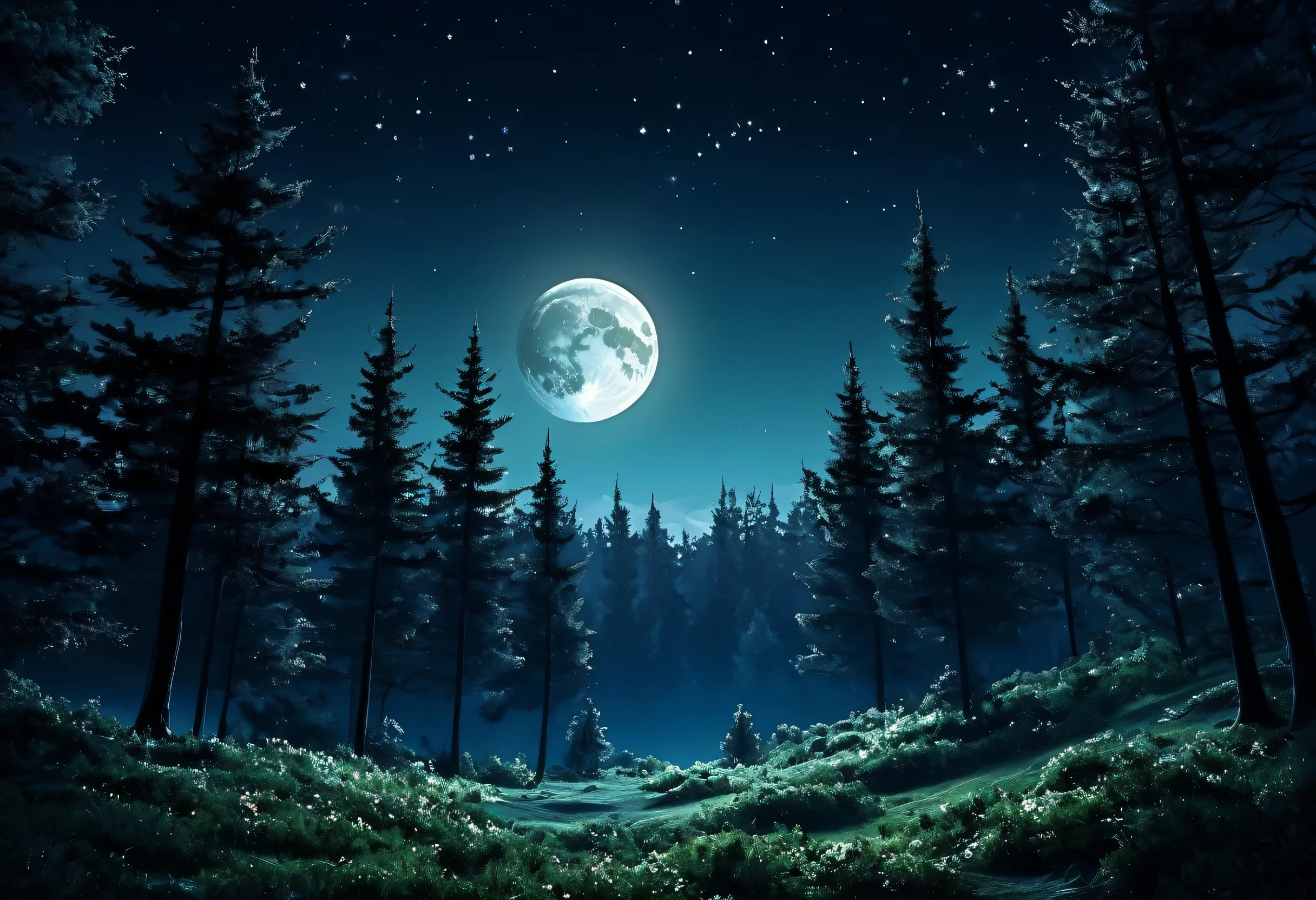 There is a picture of the moon and a crescent moon in the sky, forest and moon, an image of a Moonlight Forest, Natural scenery at night, Background crescent moon, Dreamy atmosphere of a moonlit night, Moonlight Background, Moonlight Forest, quiet forest night scene, Moonlight Forest environment, beautiful moonlight night, Matte Digital Painting, Night Forest